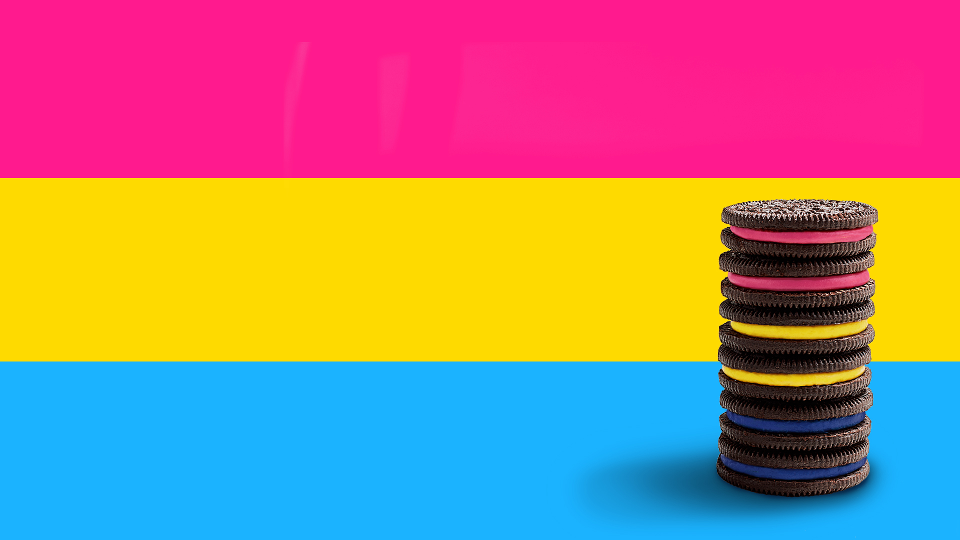 OREO Cookie Pansexual pride flag consists of three horizontal stripes: one pink, one yellow, and one light blue
