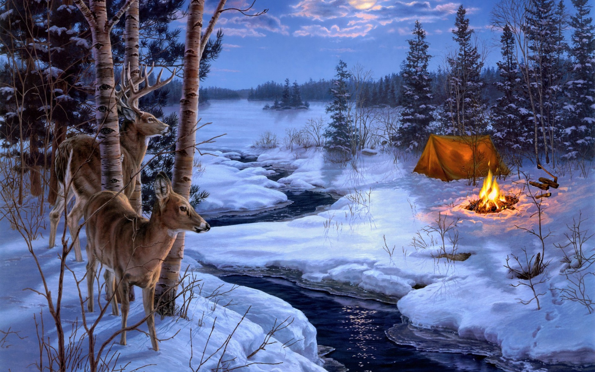 darrell, Bush, Moon, Shadows, Painting, Winter, Snow, Animals, Deer Wallpaper HD / Desktop and Mobile Background