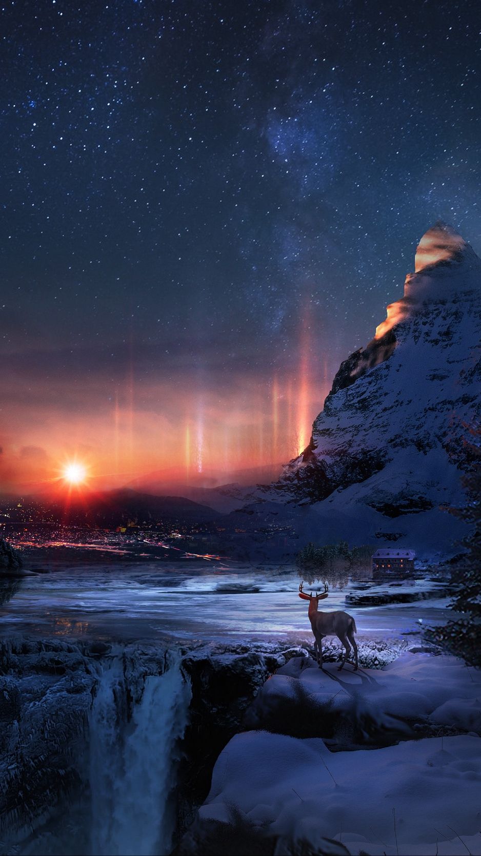 Deer, winter, night, art, snow background. Night scenery, iPhone wallpaper sky, Landscape wallpaper