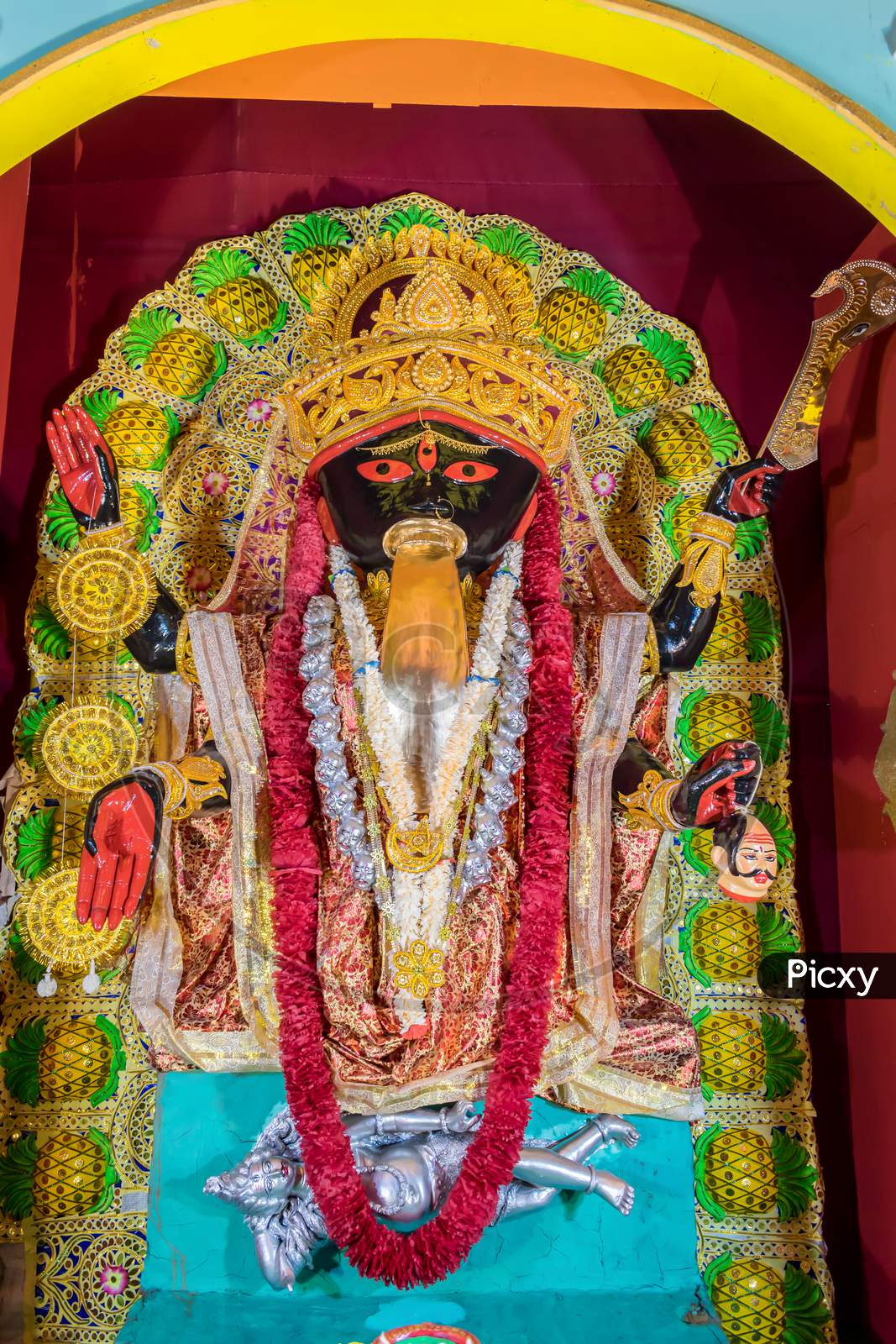 Image of Goddess Kali Idol Decorated At Puja Pandal, Kali Puja Also Known As Shyama Puja Or Mahanisha Puja, Is A Festival Dedicated To The Hindu Goddess Kali, Celebrated On
