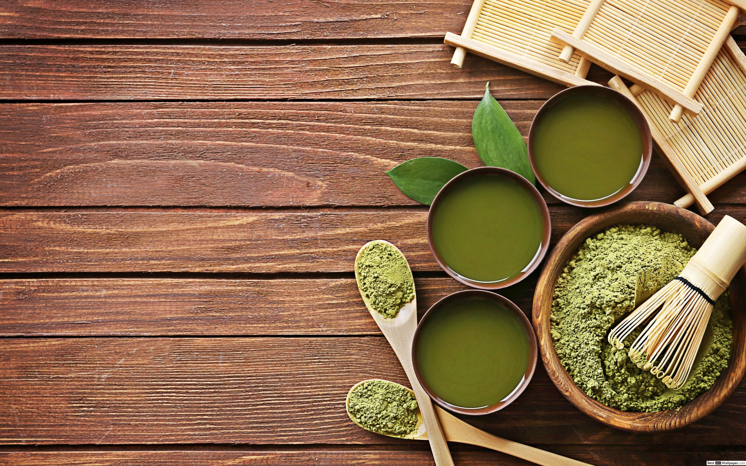 Matcha green tea in a teacup and green tea powder HD wallpaper download