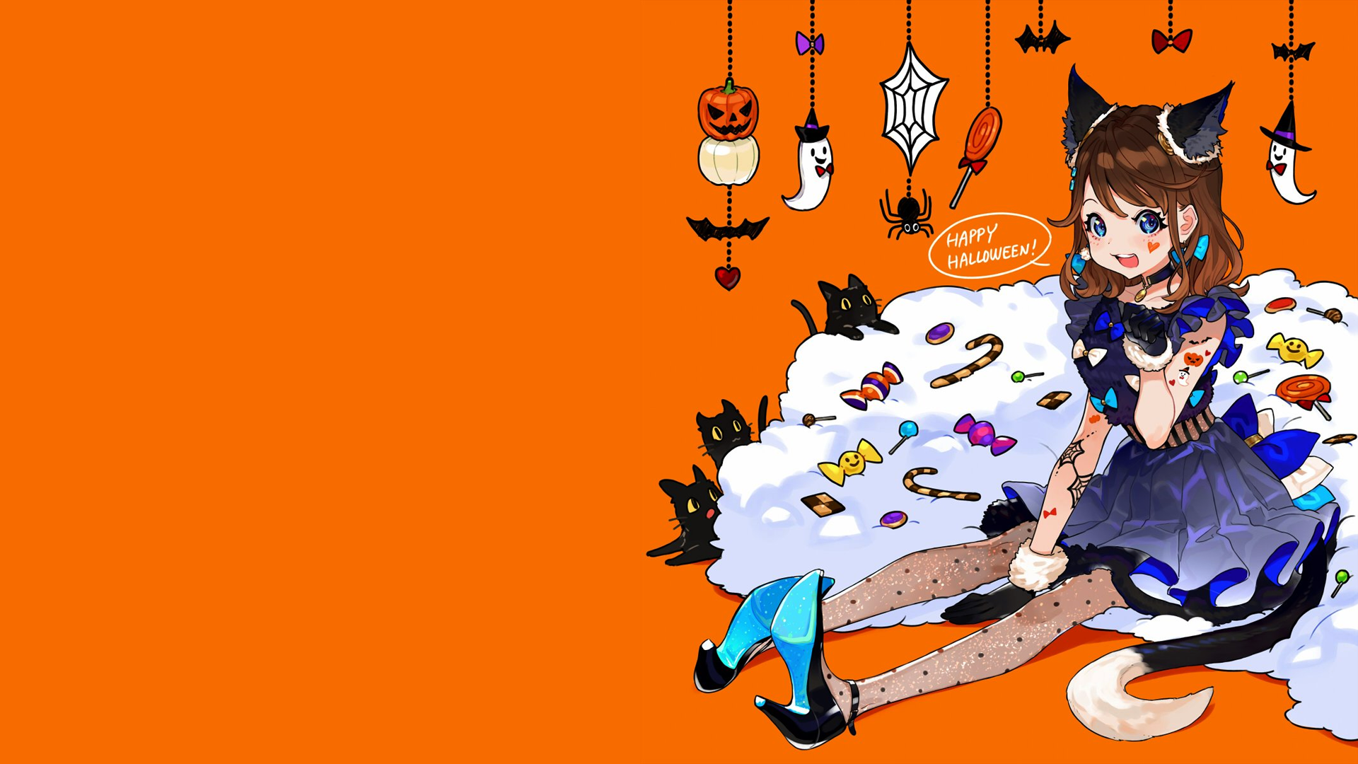 anime girls, orange, simple background, anime, cat ears, candy, tights, Halloween, nekomimi, looking at viewer, heels, sitting, minimalism, manga. Mocah HD Wallpaper