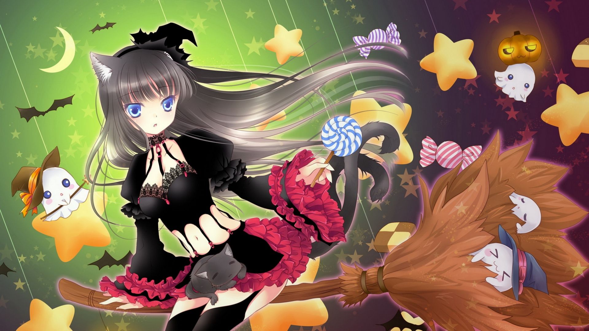 Download Wallpaper 1920x1080 girl, broom, flying, holiday, witch, cat Full HD 1080p HD Background. Anime halloween, Anime, Witch wallpaper
