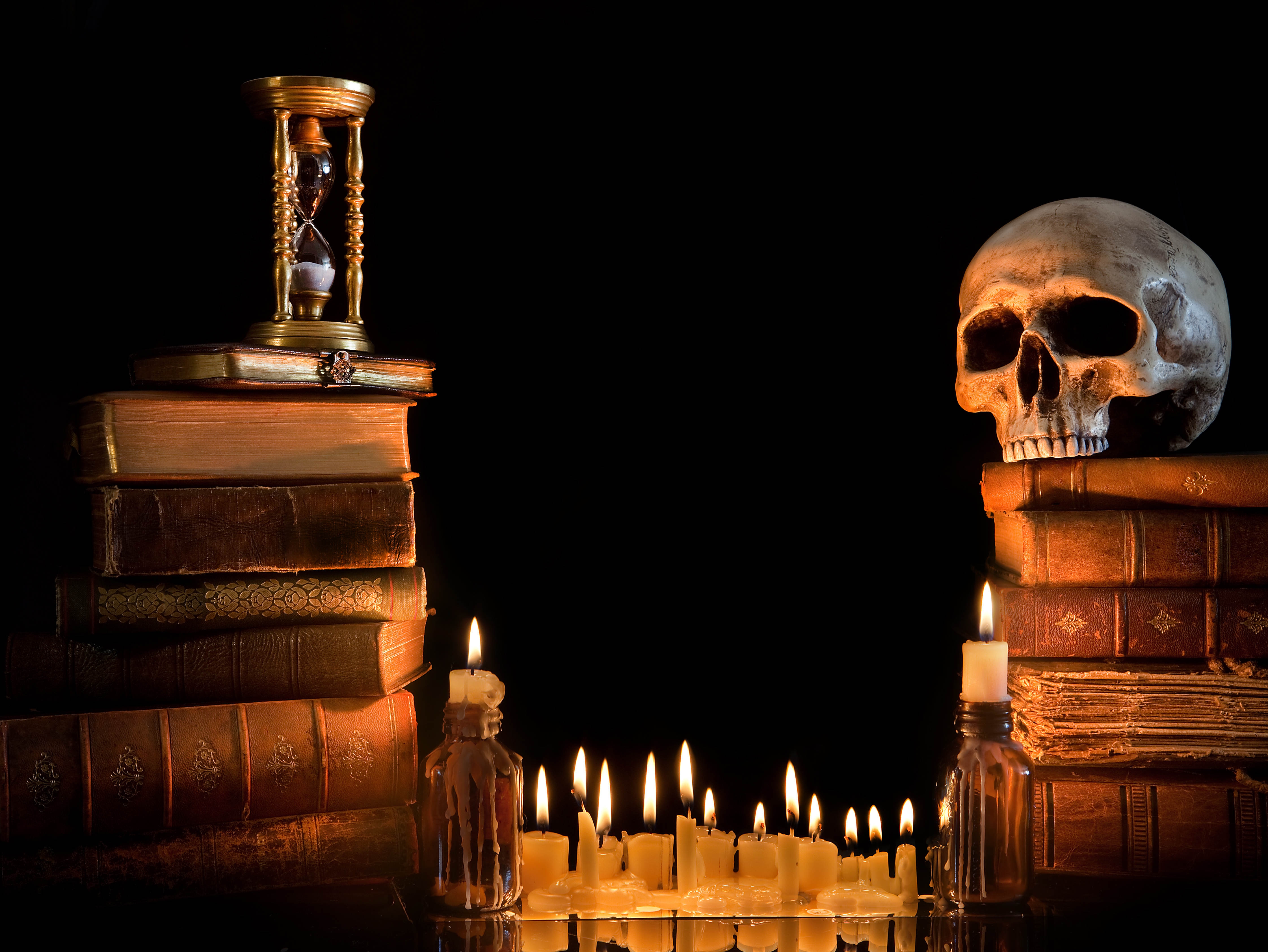 Wallpaper, magic, candles, books, darkness, black background 4486x3370