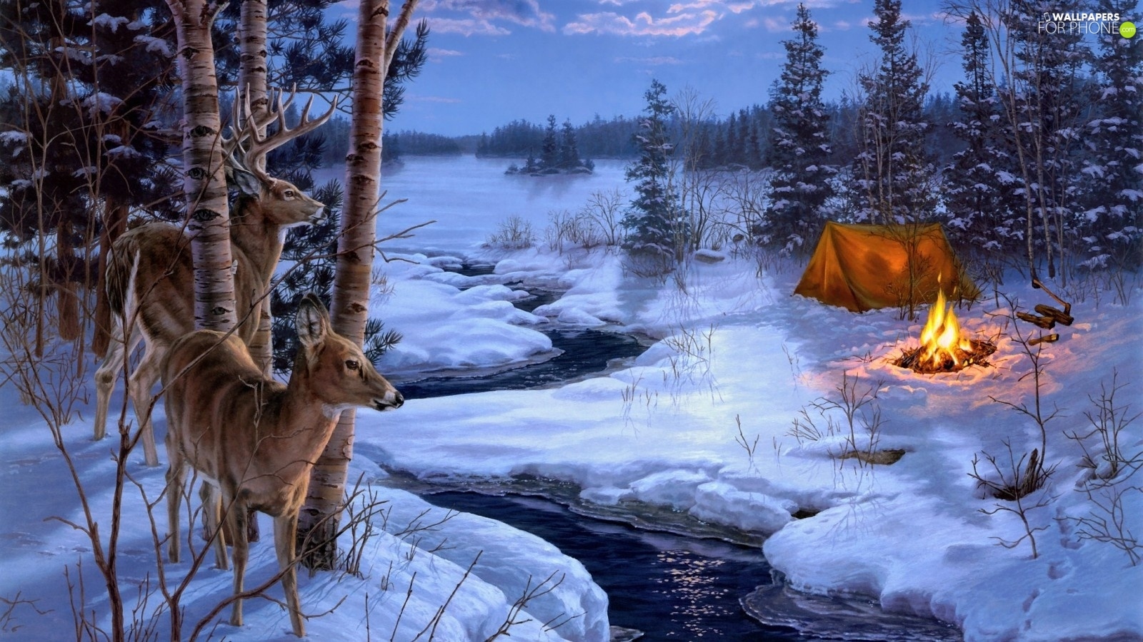 deer, forest, Tent, brook, winter, doe, fire phone wallpaper: 1920x1080