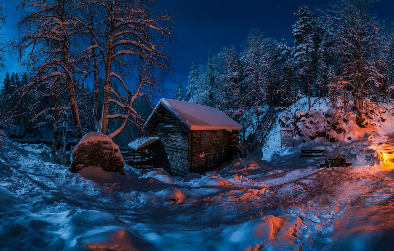 Wallpaper winter, forest, snow, trees, night, hut, hut, the fire, Finland, Finland, Myllykoski, Мюллюкоски image for desktop, section пейзажи