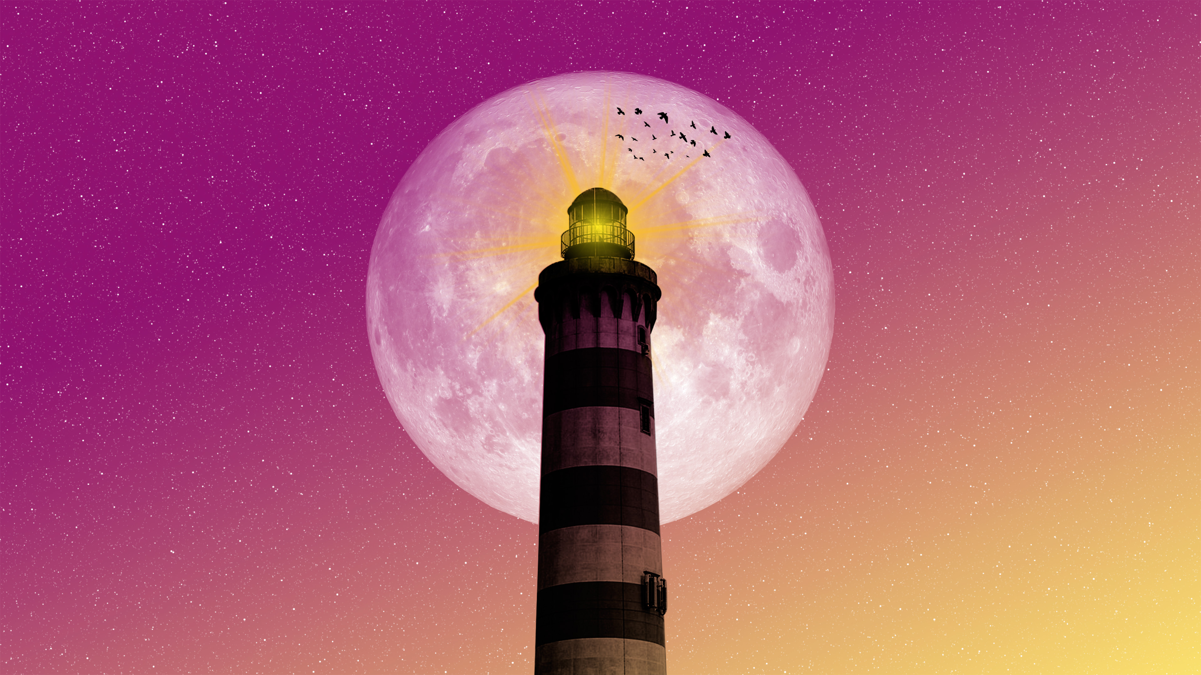 Moon Lighthouse Birds Pink Yellow Sky, HD Artist, 4k Wallpaper, Image, Background, Photo and Picture
