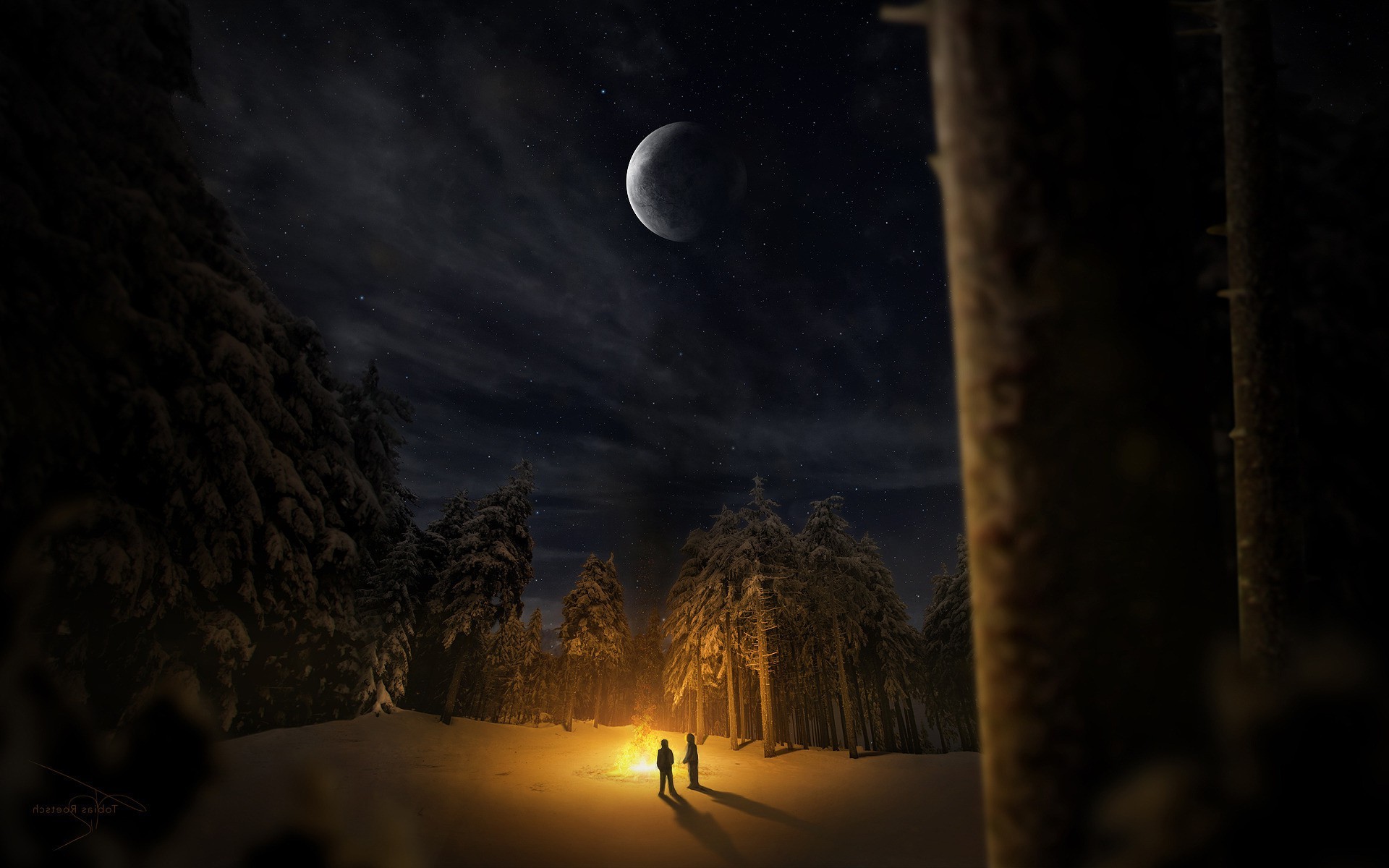 digital art fantasy art people painting artwork silhouette nature field trees night moon sky clouds winter snow fire campfire shadow stars forest smoke wallpaper