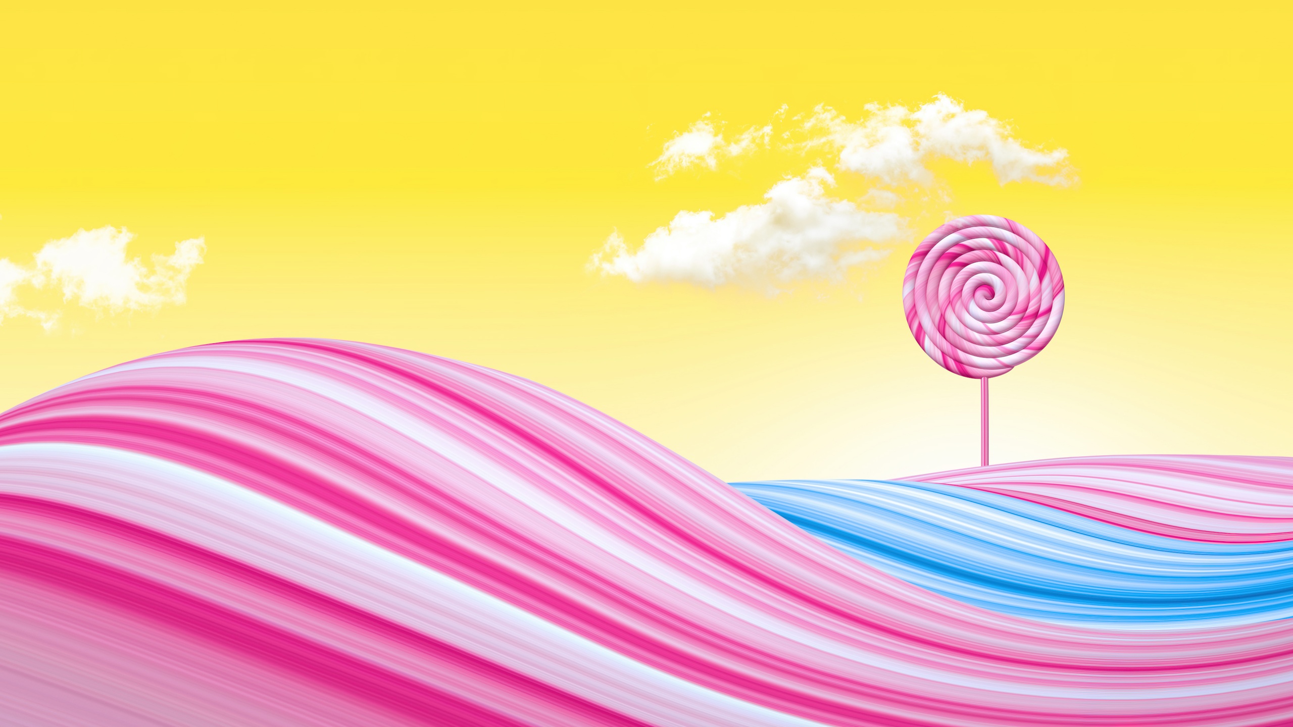 Lollipop Wallpaper 4K, Pink, Yellow background, Yellow sky, Clouds, Graphics CGI