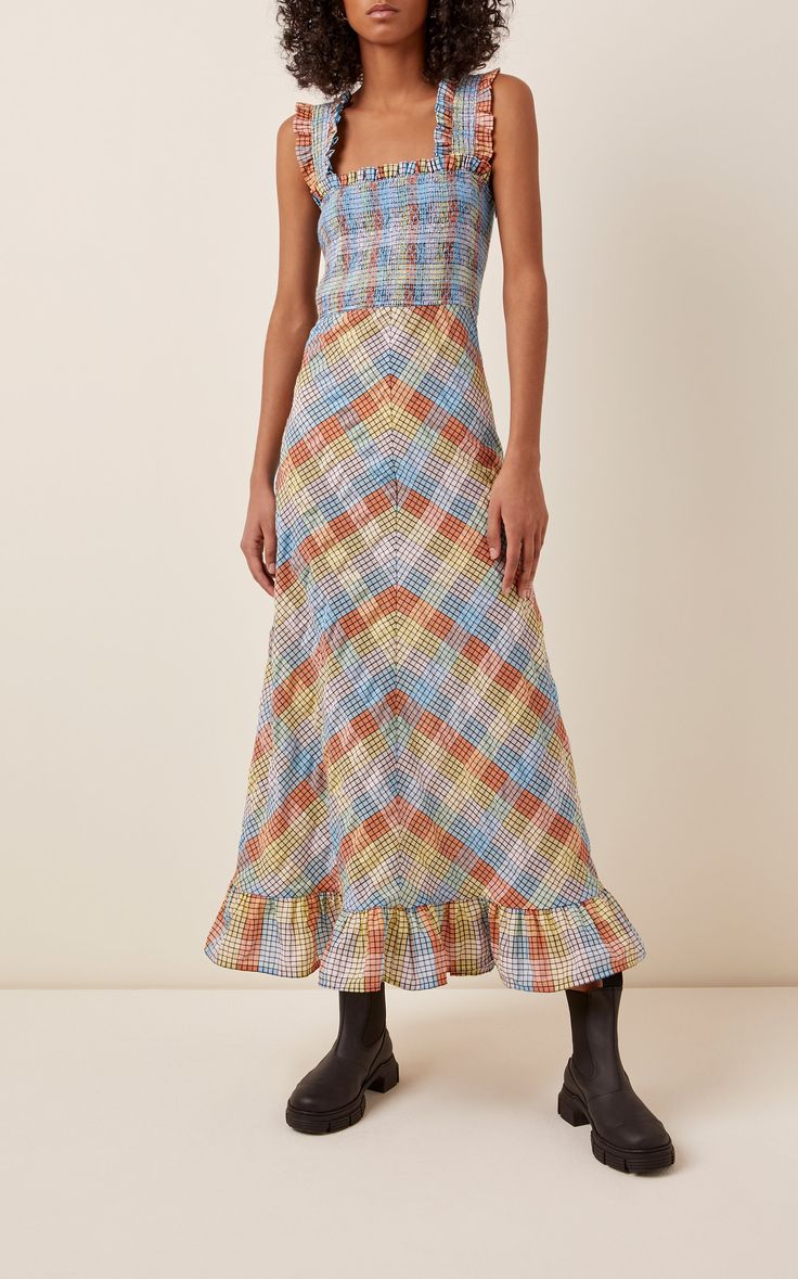 Ganni Seersucker Plaid Cotton Blend Midi Dress. Midi Dress, Ganni Dress, Seersucker Dress