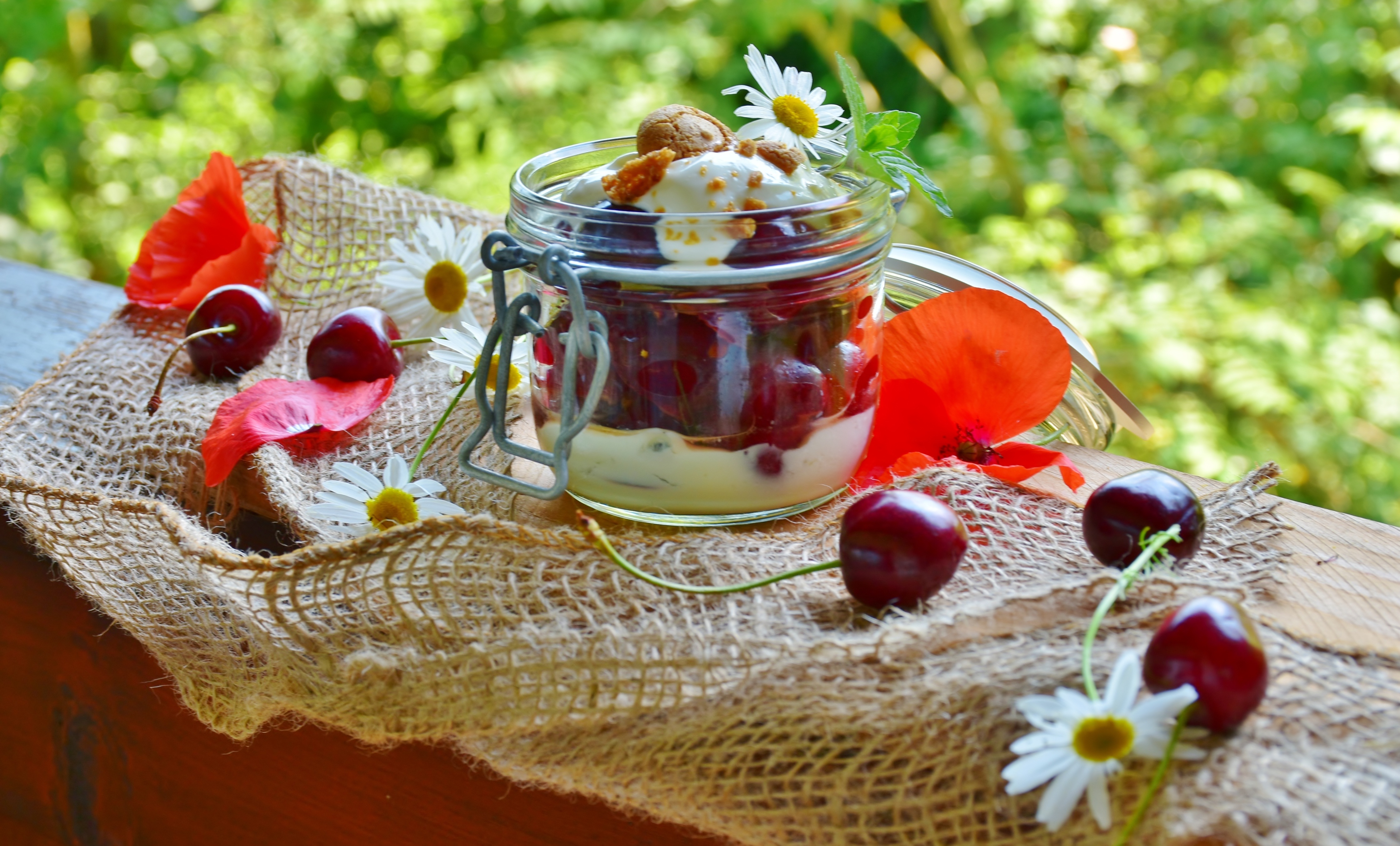 Wallpaper, cherry dessert, Cream, yoghurt 4479x2709