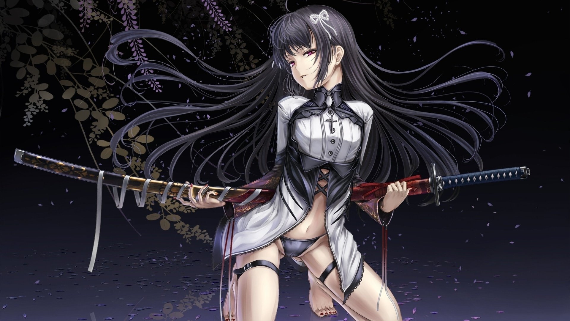 1920x1080 look, underpants, sword, Long hair, petals, katana, pose