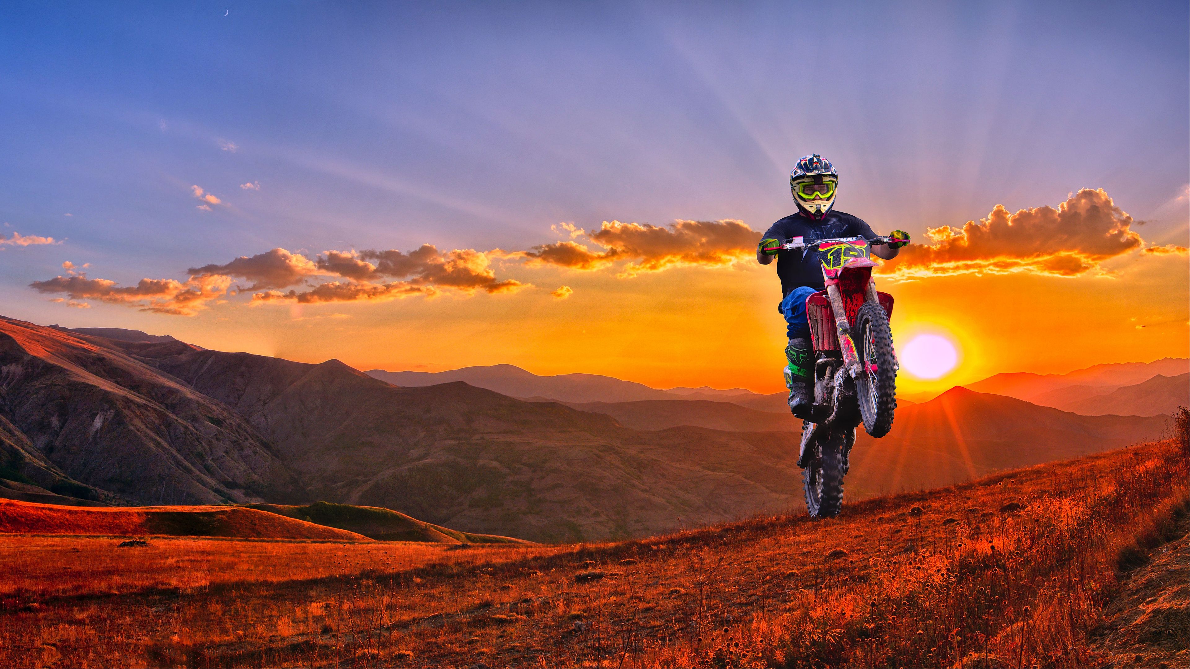 Download Wallpaper 3840x2160 Motorcycle, Motorcyclist, Cross, Mountains, Sunset, Off Road 4k Uhd 16:9 HD Background