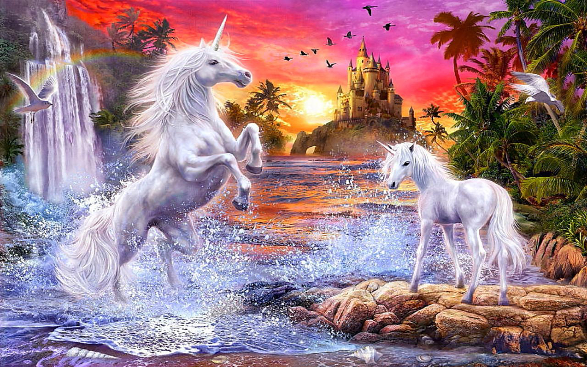 Fantasy Unicorns Castle Sunset River Falls Palm Flowers Birds Wallpaper HD, Wallpaper13.com