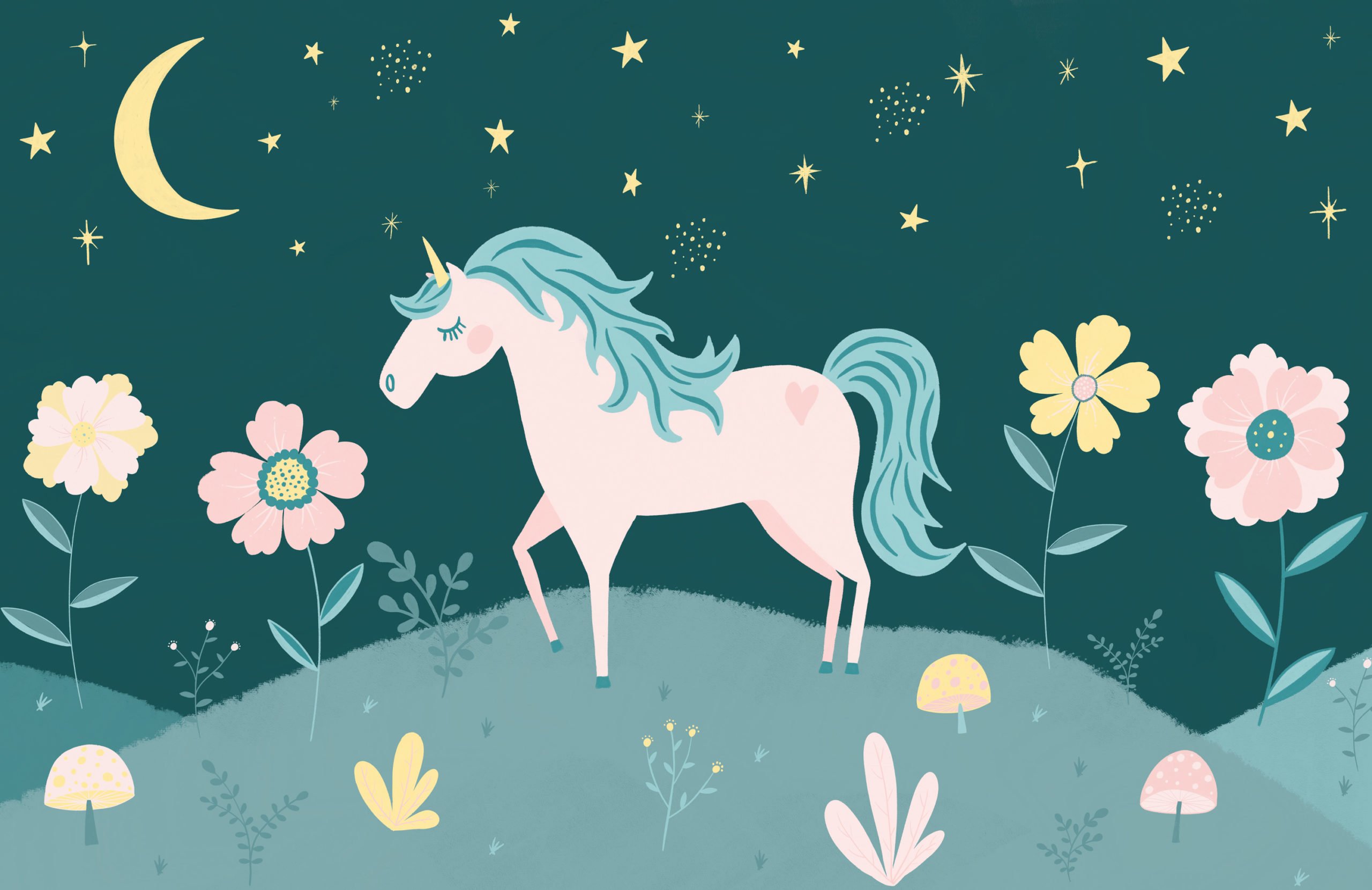 Night Sky & Flowers Unicorn Wallpaper Mural