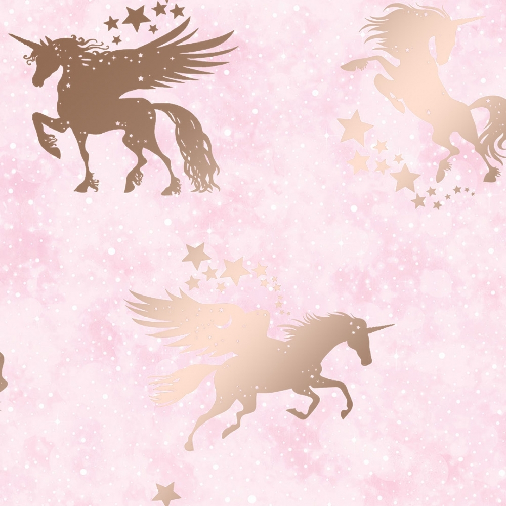 Sparkle Unicorns Iridescent Metallic wallpaper in pink & rose gold. I Love Wallpaper