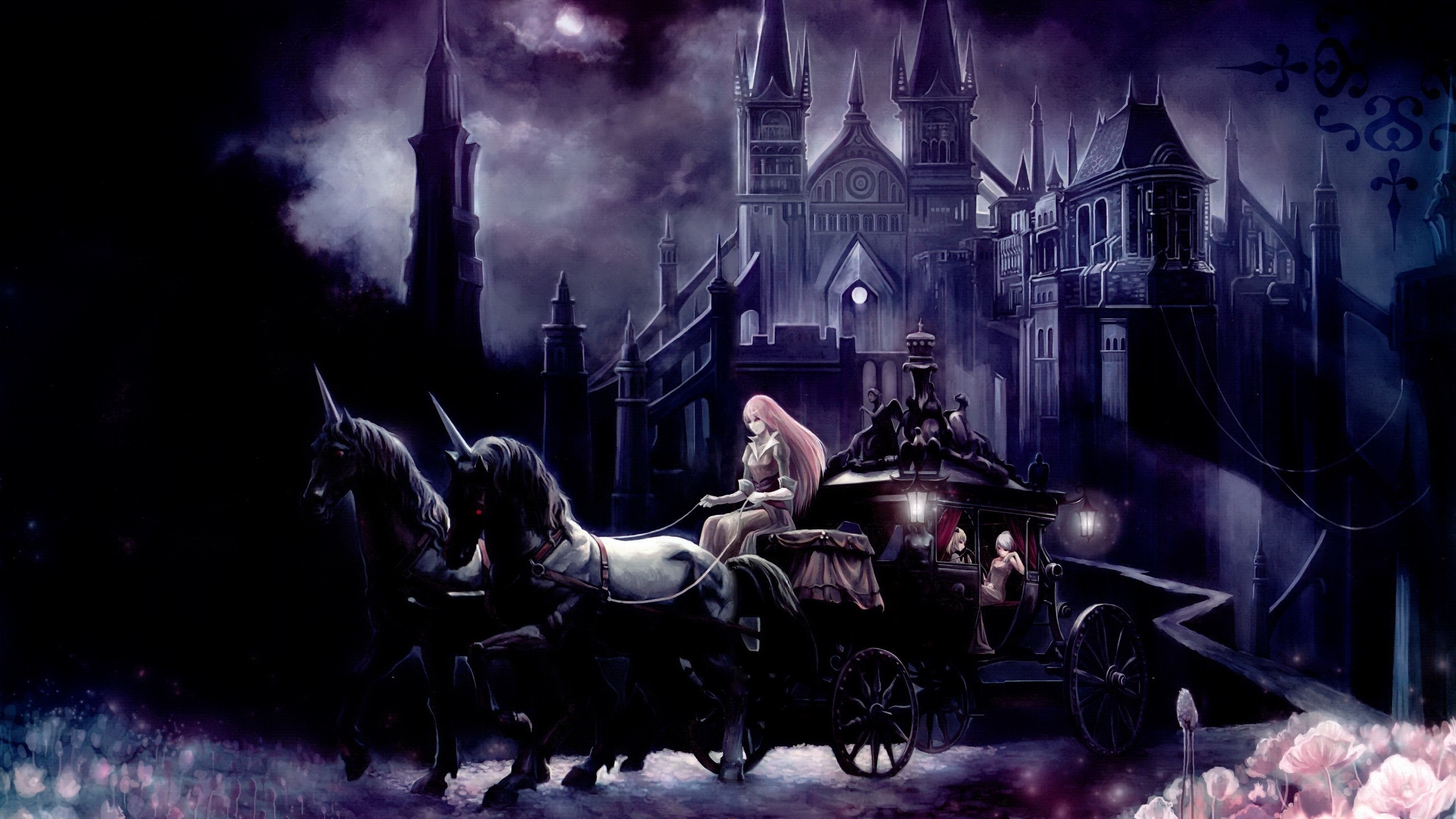 Clouds landscapes touhou castles dark dress night flowers animals moon unicorn g wallpaperx1440