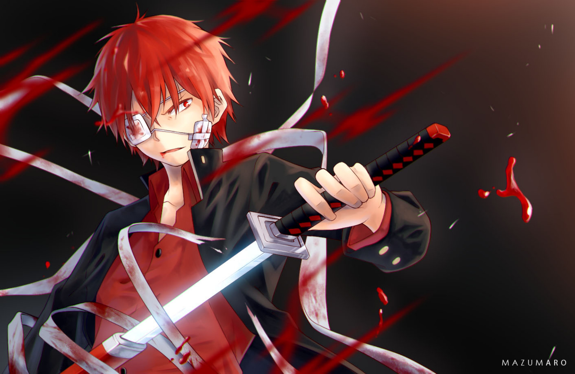 Blood, Akashi Kuroyuki, Eye Patch, Red Eyes, Sword, Red Hair wallpaper