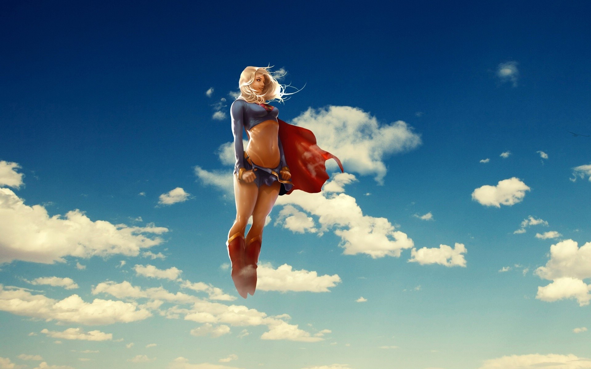 Wallpaper, sports, digital art, blonde, anime, sky, jumping, artwork, clouds, blue, flying, superhero, cape, DC Comics, superheroines, Supergirl, Superwoman, cloud, hand, atmosphere of earth, human action, extreme sport, physical exercise, parachuting