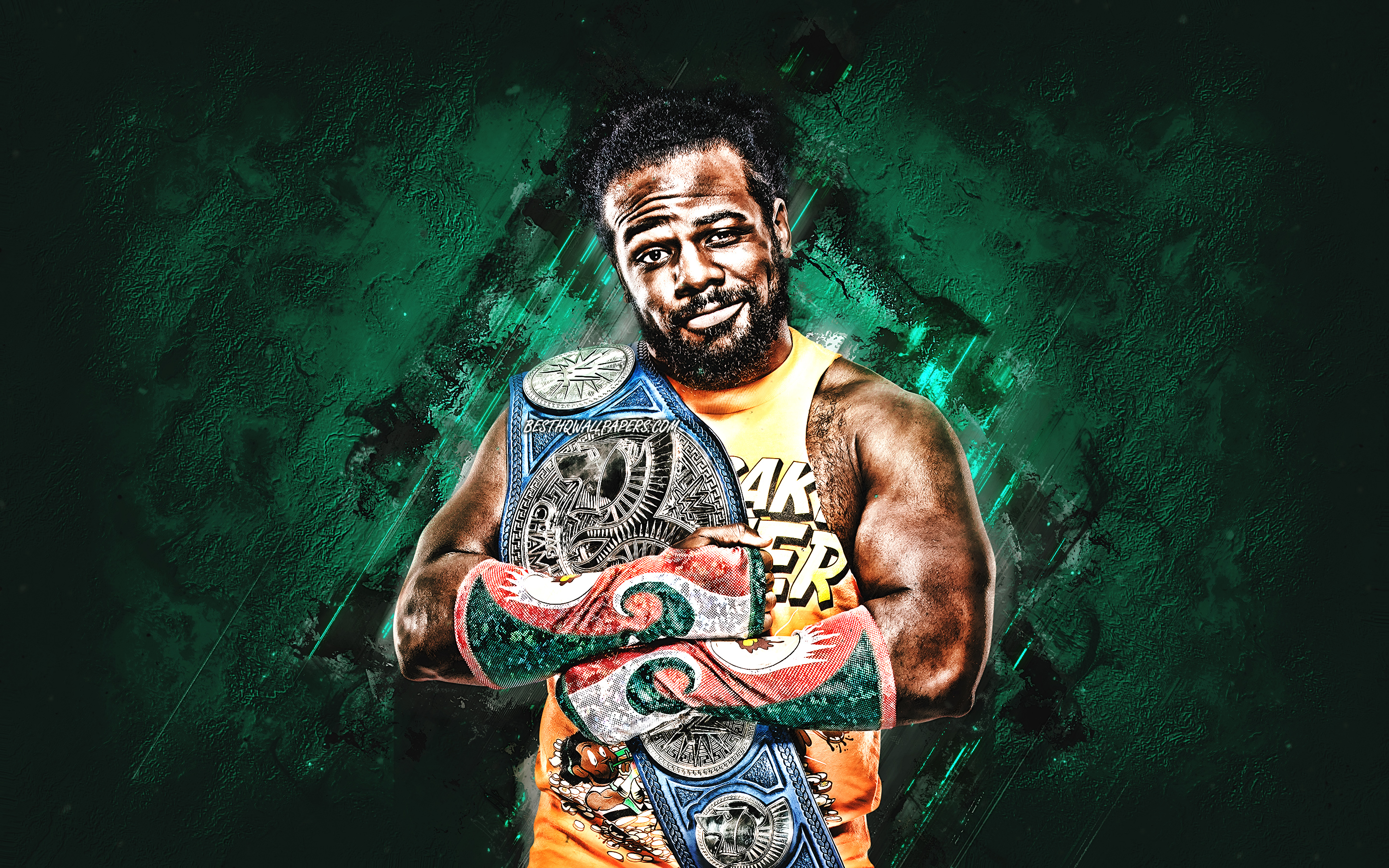 Download wallpaper Xavier Woods, american wrestler, WWE, portrait, green stone background, creative art, World Wrestling Entertainment for desktop with resolution 2880x1800. High Quality HD picture wallpaper