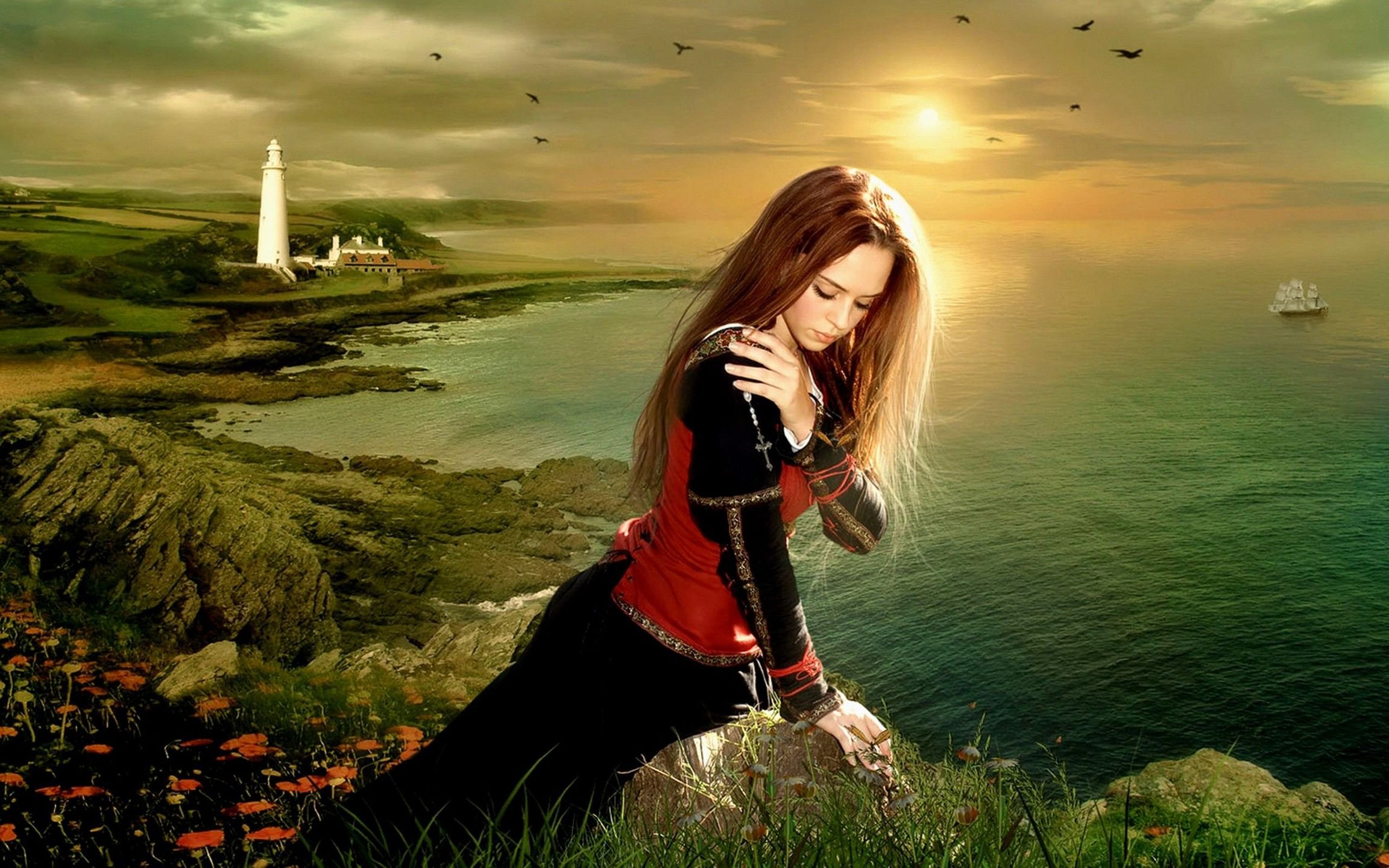 sad status wallpaper, people in nature, sky, long hair, photography, grass, cg artwork, happy, landscape, plant, anime