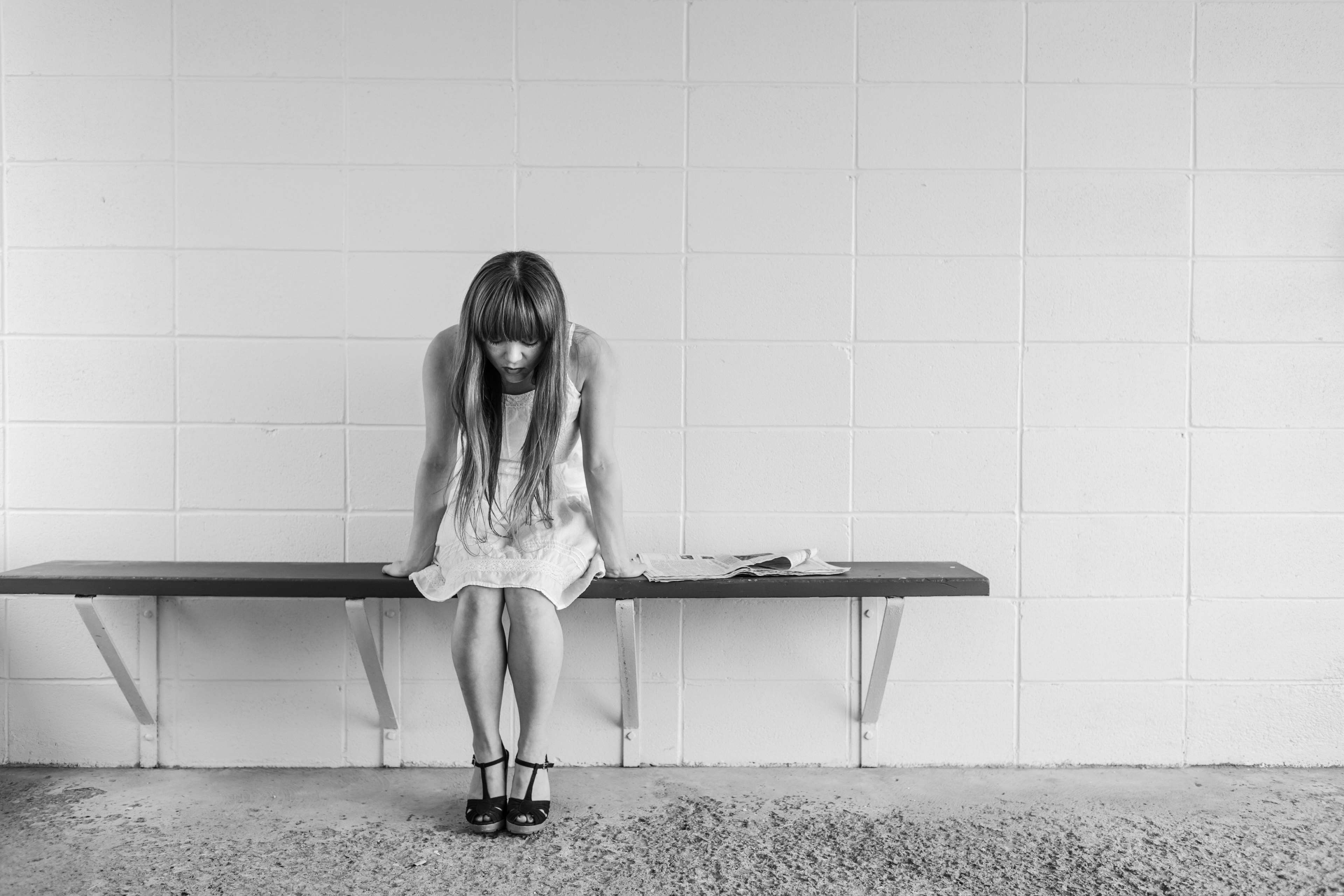 black and white, depressed, depression, dress, girl, sad, sitting, tiles, waiting, woman 4k wallpaper. Mocah HD Wallpaper