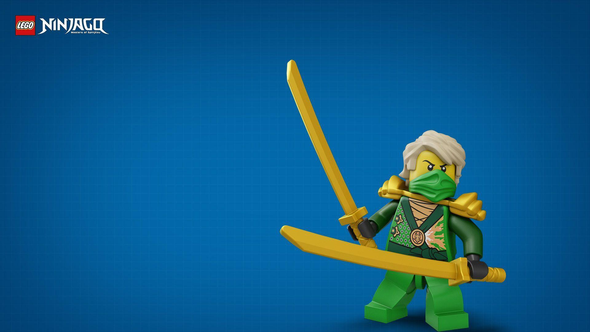 Lloyd With Yellow Sword Wearing Green Dress In Blue Background HD Ninjago Wallpaper
