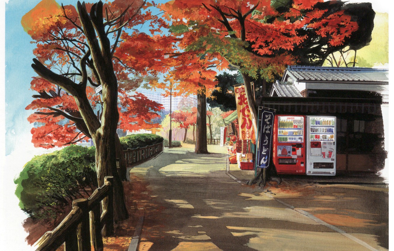 Wallpaper autumn, trees, street, Japan, shadow, signs, shop, art, kusanagi image for desktop, section прочее