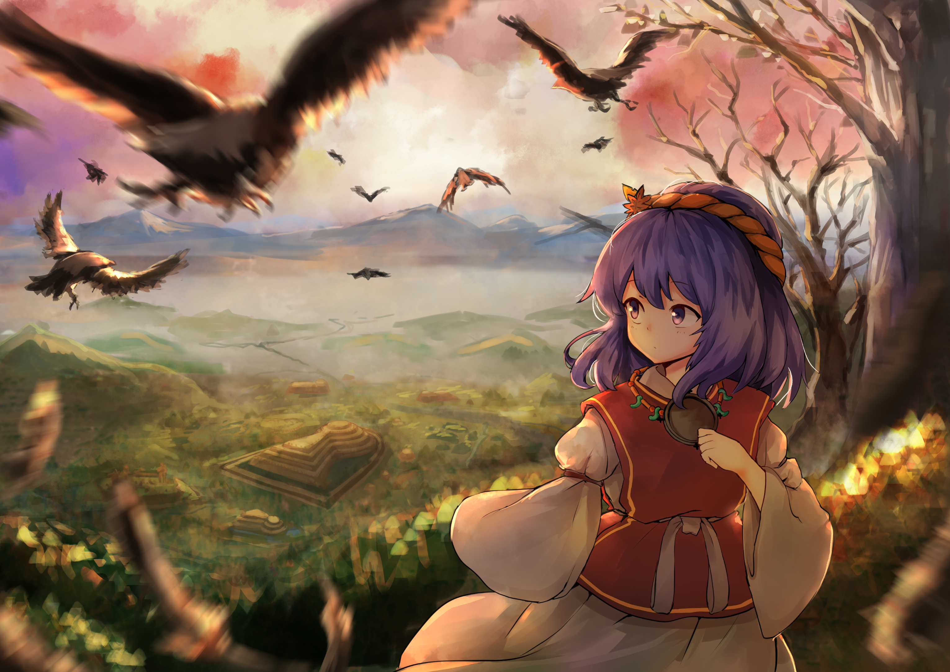 Download 3062x2165 Yasaka Kanako, Touhou, Birds, Scenic, Purple Hair Wallpaper