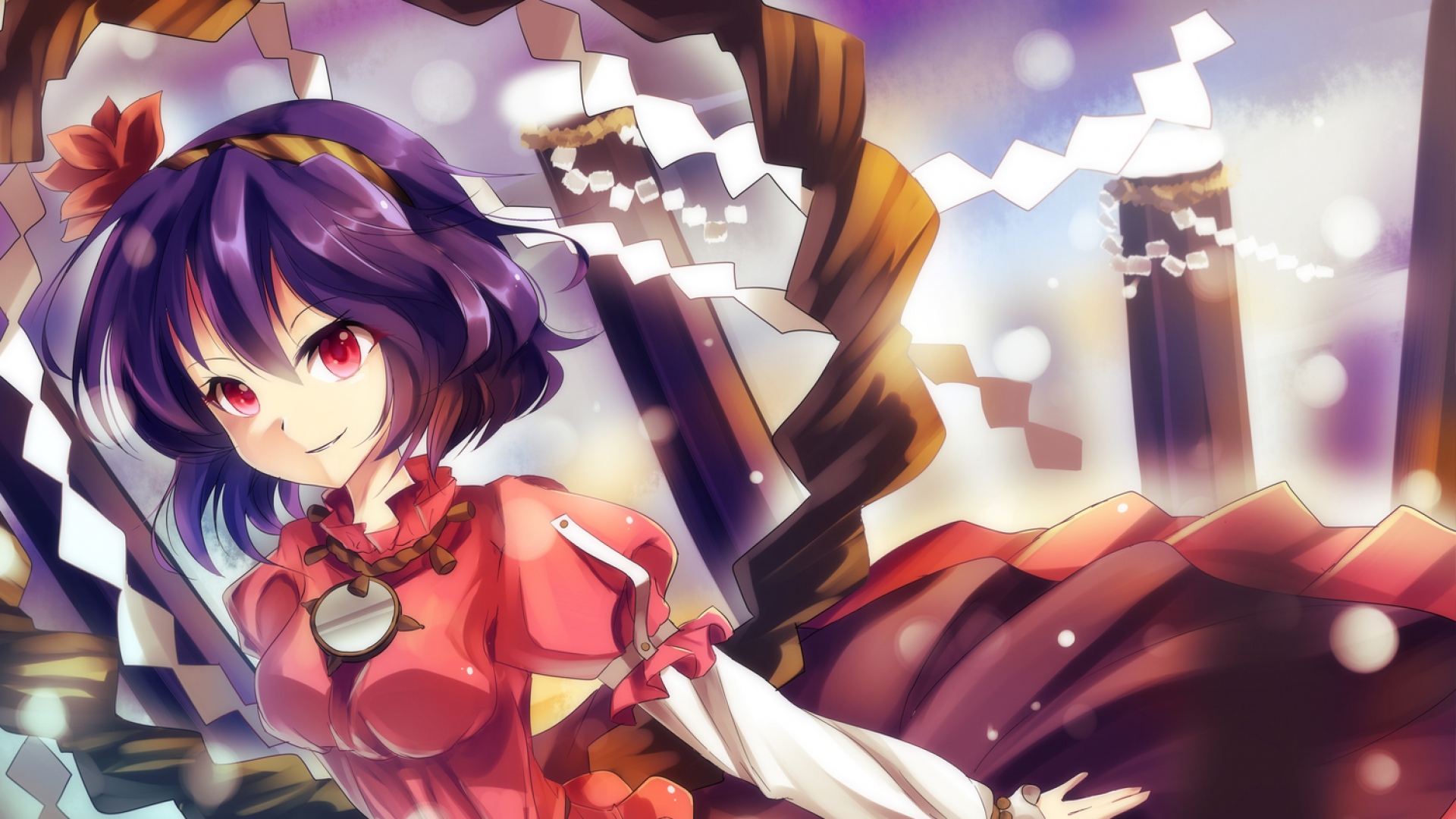 Download Wallpaper 1920x1080 bisonbison, touhou, yasaka kanako, girl, smile, dress Full HD 1080p HD Background