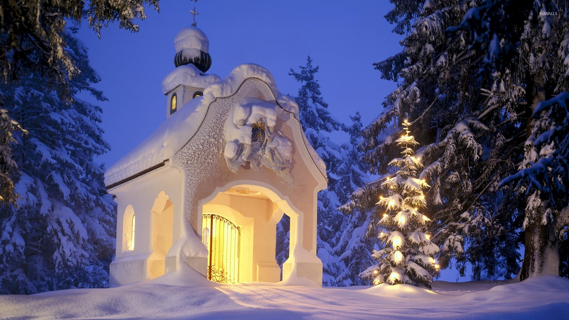Small church in the snowy forest wallpaper wallpaper