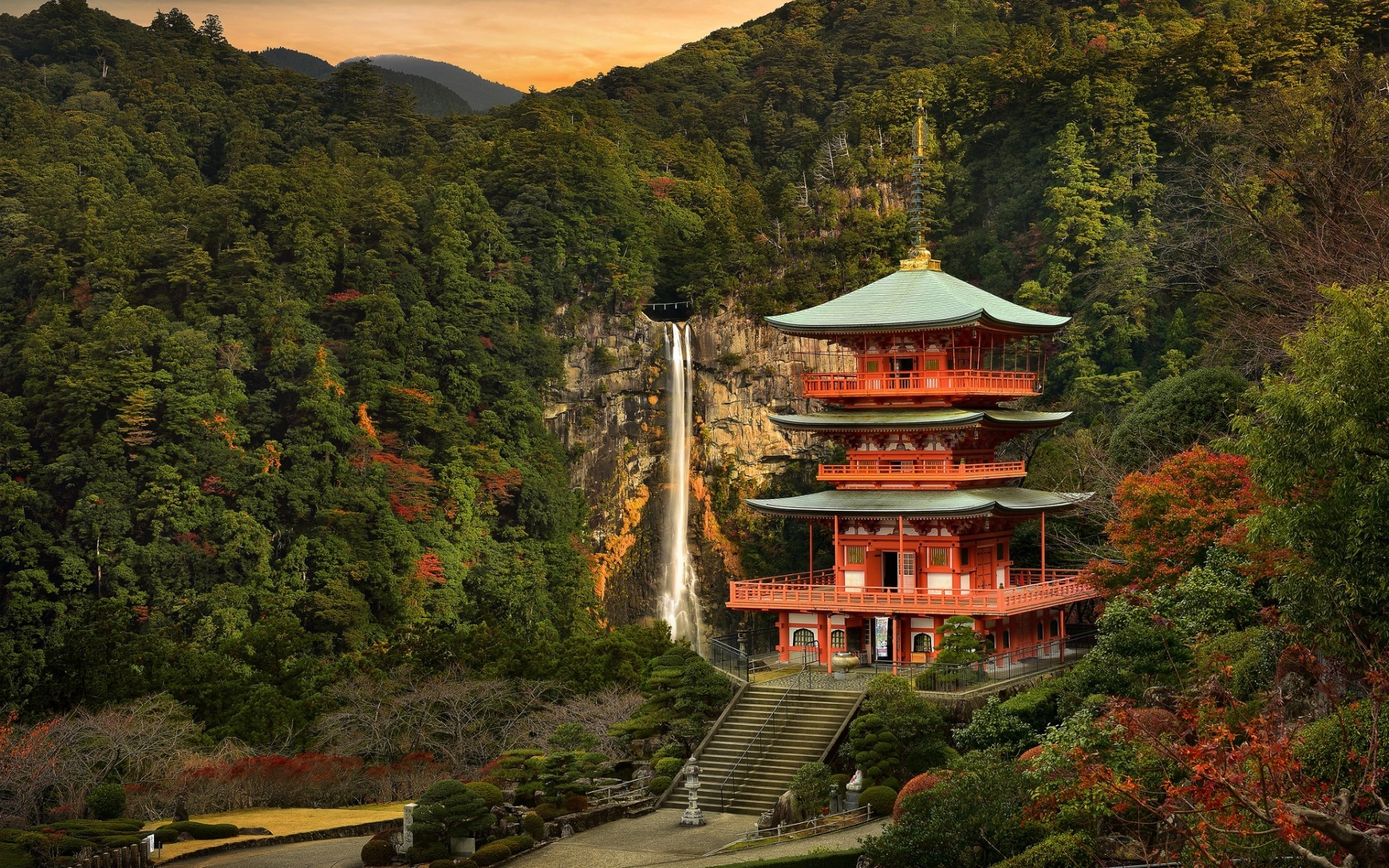 nature, Landscape, Trees, Forest, Clouds, Water, Japan, Building, Japanese Garden, Stairs, Fall, Rock, Mountain, Hill, Sunset, Waterfall Wallpaper HD / Desktop and Mobile Background