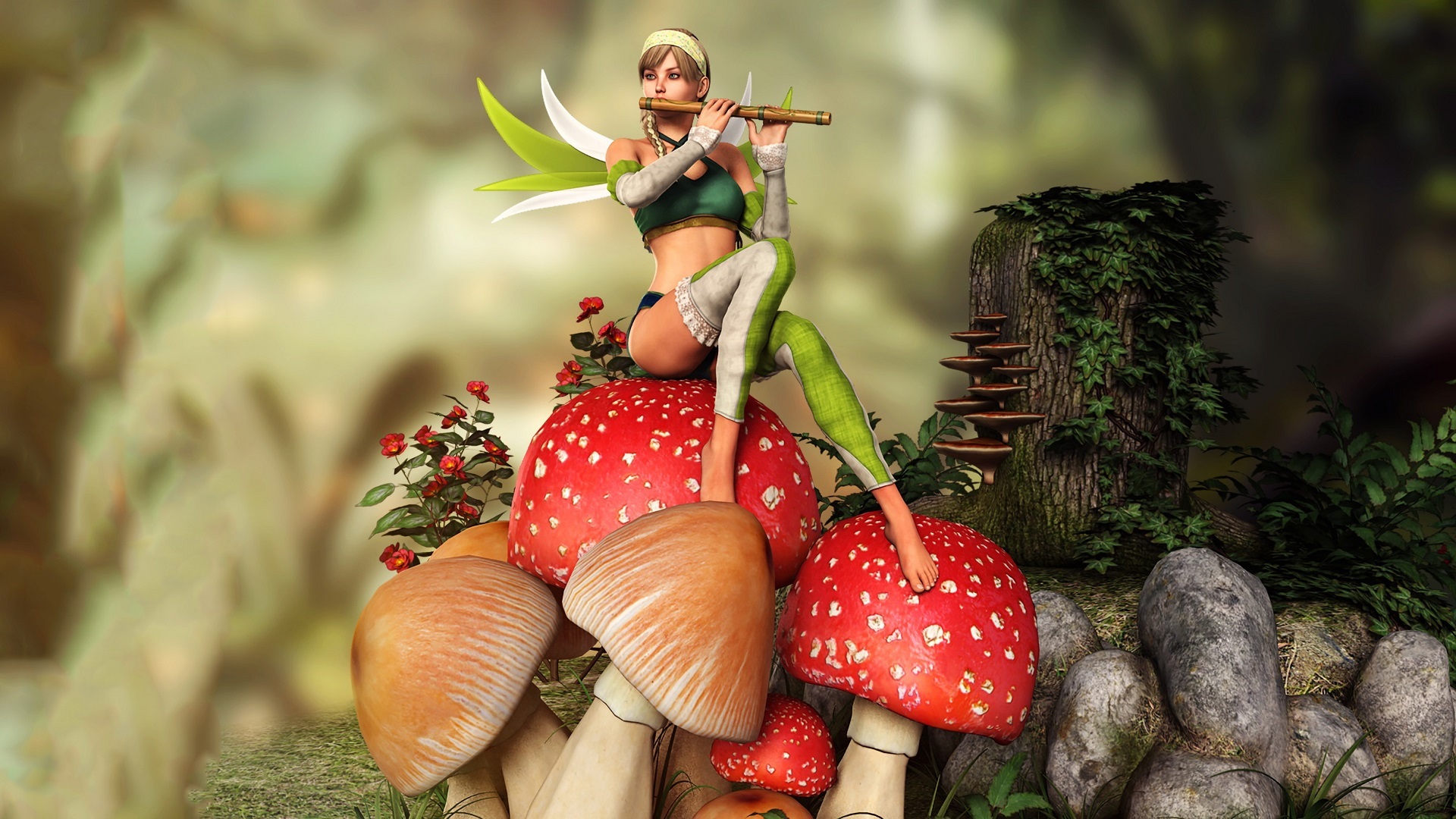 Wallpaper Fairy, Girl Play Flute, Mushrooms With Mushrooms HD