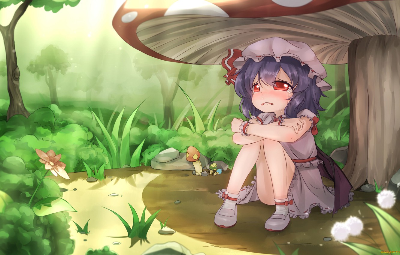 Wallpaper mushroom, lost, flowers, sitting, red eyes, cap, tears, crying, little girl, in the woods, Touhou Project, Remilia Scarlet, Project East image for desktop, section игры