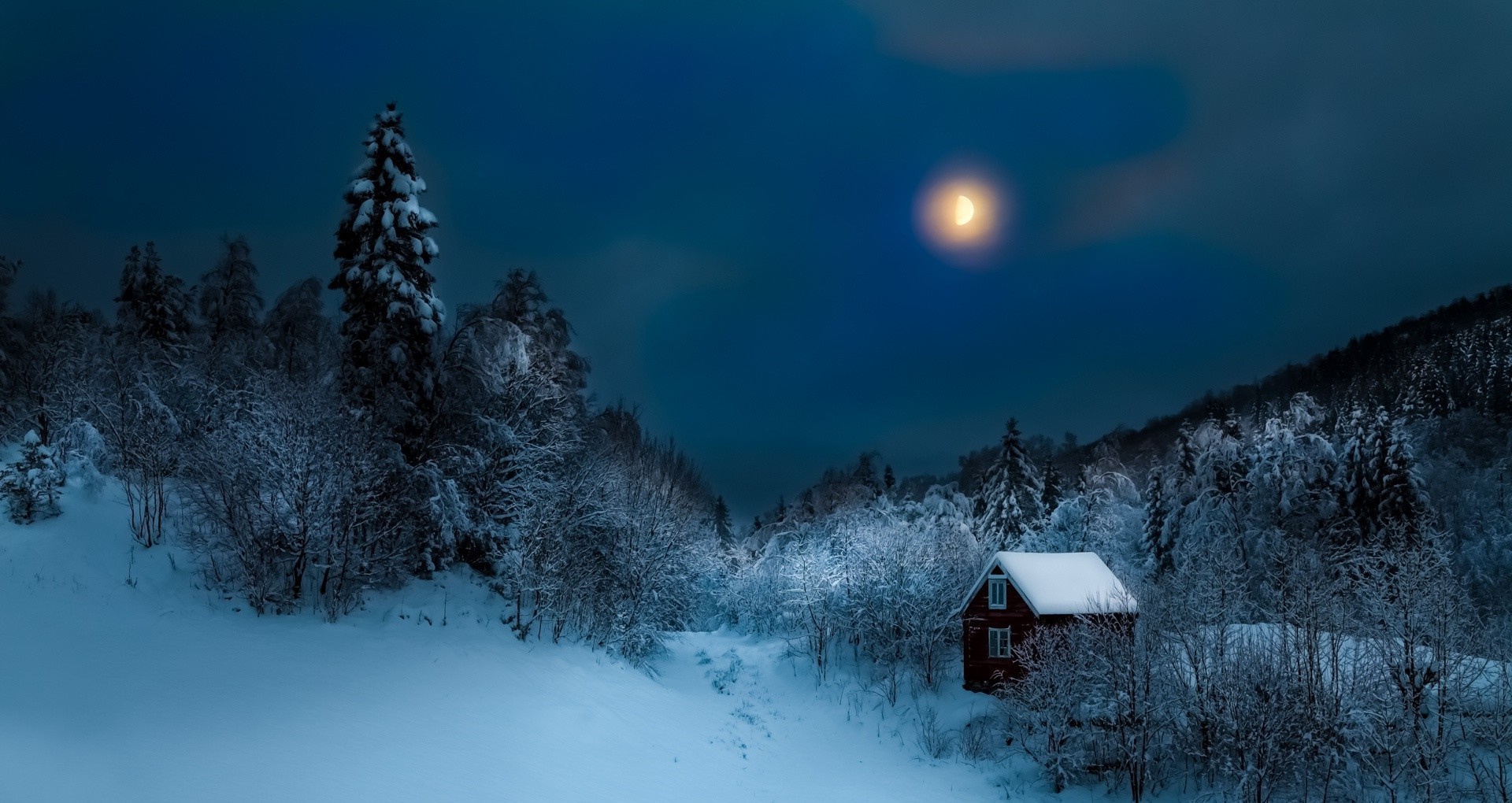 cottage forest hill mist nature moon winter landscape snow night HD wallpaper, Background