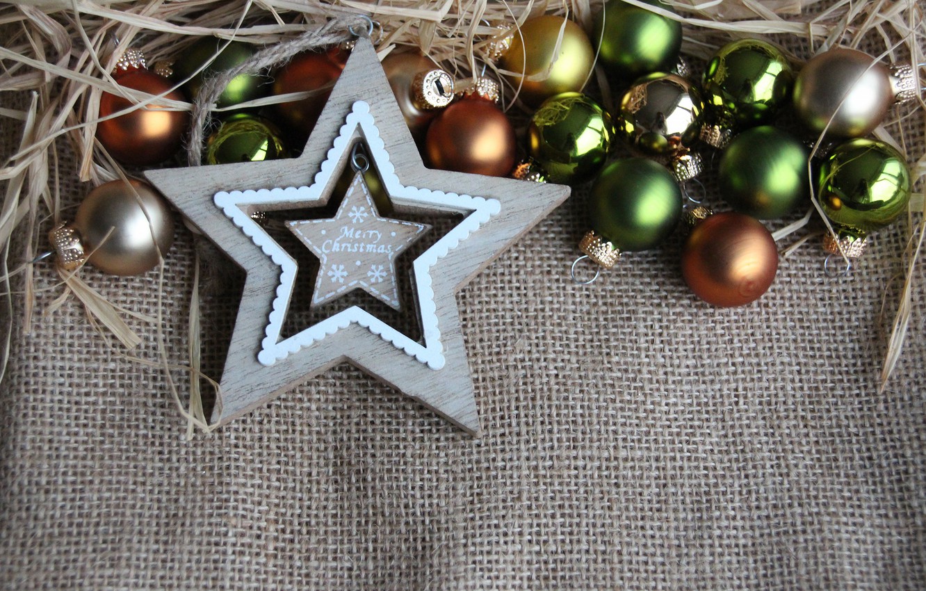 Wallpaper winter, balls, holiday, the inscription, balls, star, Shine, green, Christmas, New year, fabric, grey background, wooden, burlap, gold, Christmas decorations image for desktop, section новый год