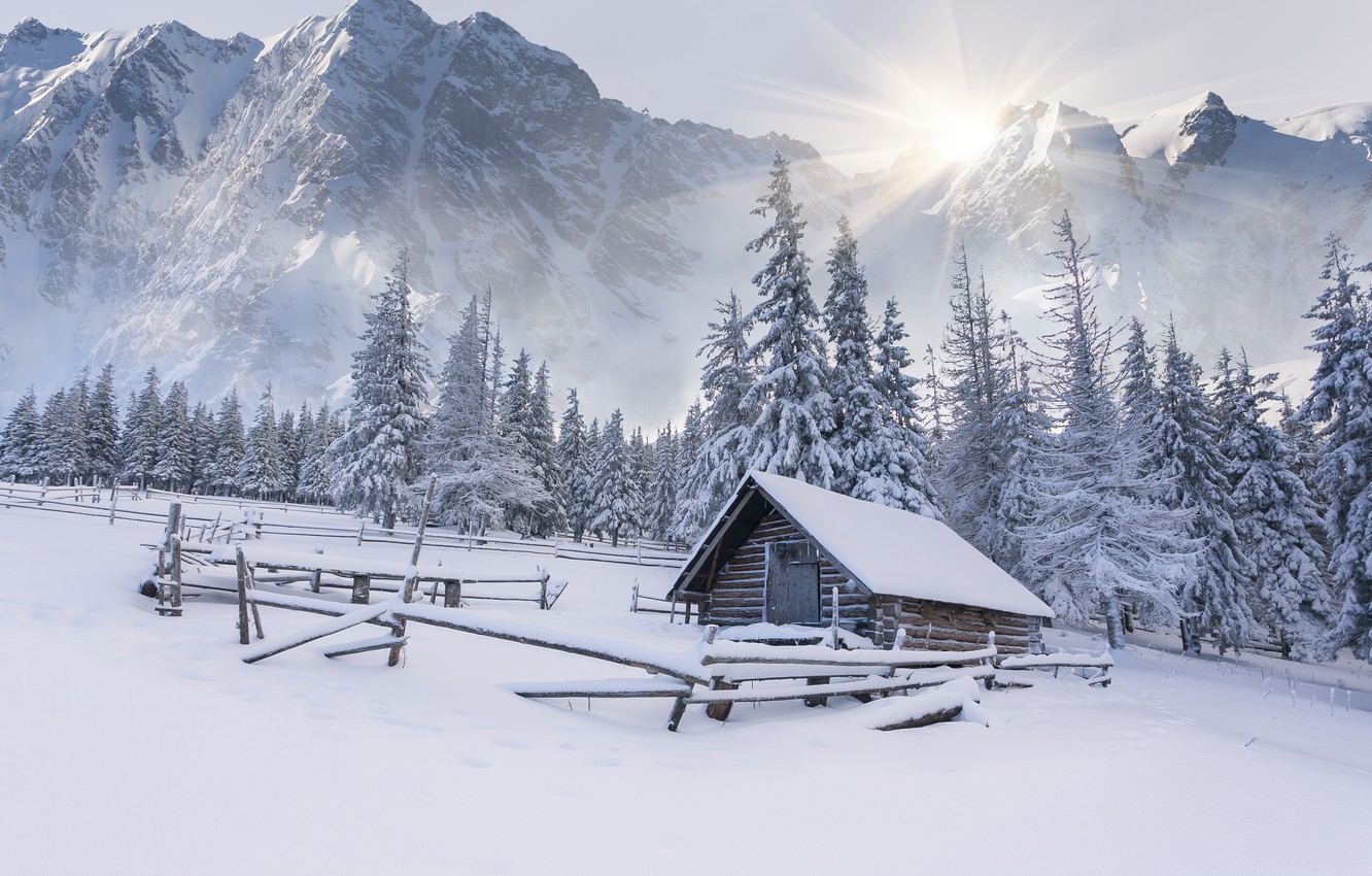 Wallpaper winter, snow, mountains, tree, the snow, house, hut, landscape, winter, snow image for desktop, section природа