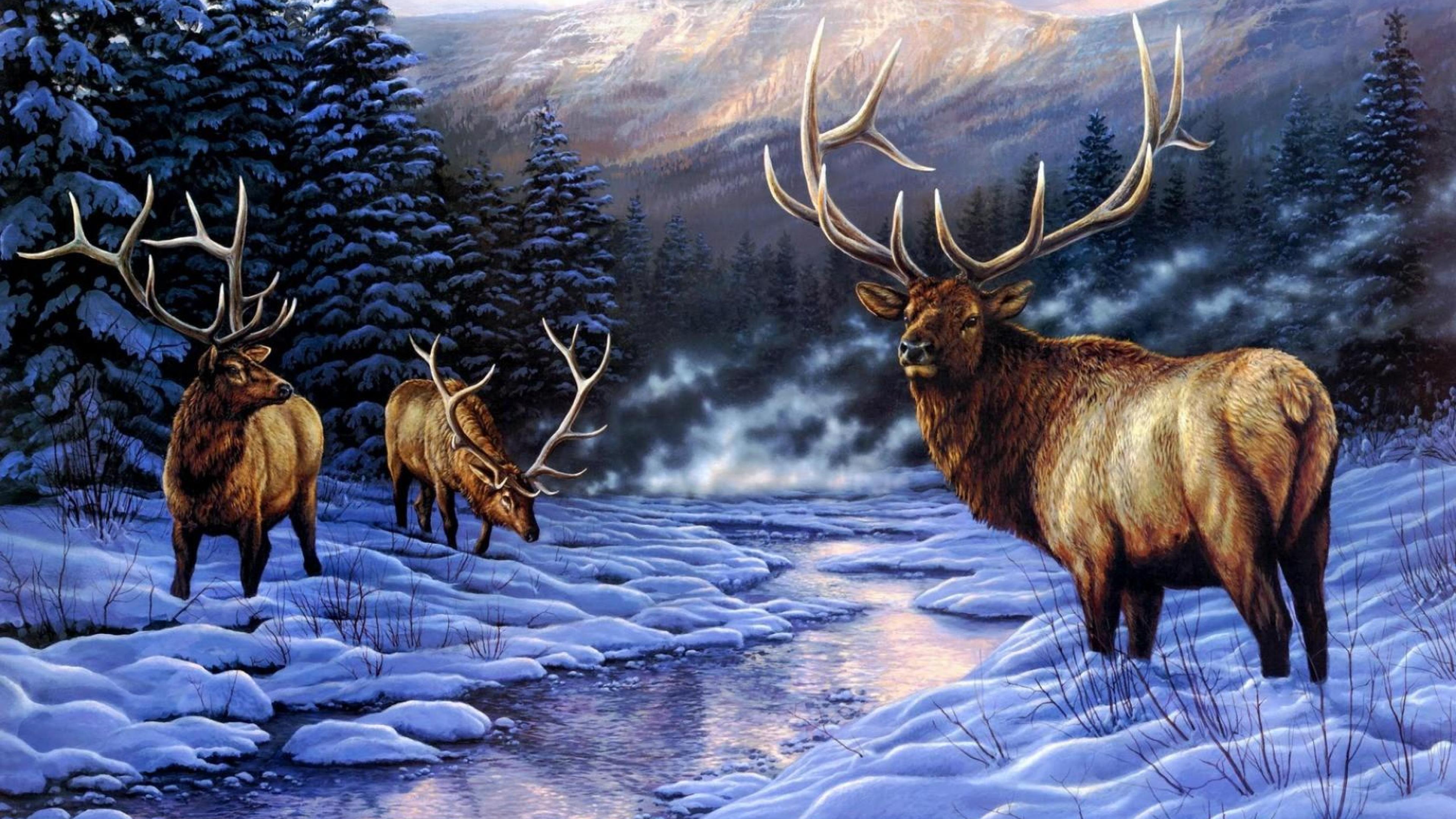 Deer Artistic Photo With Animal Winter River Snow Mountain Wallpaper HD 3840x2160, Wallpaper13.com