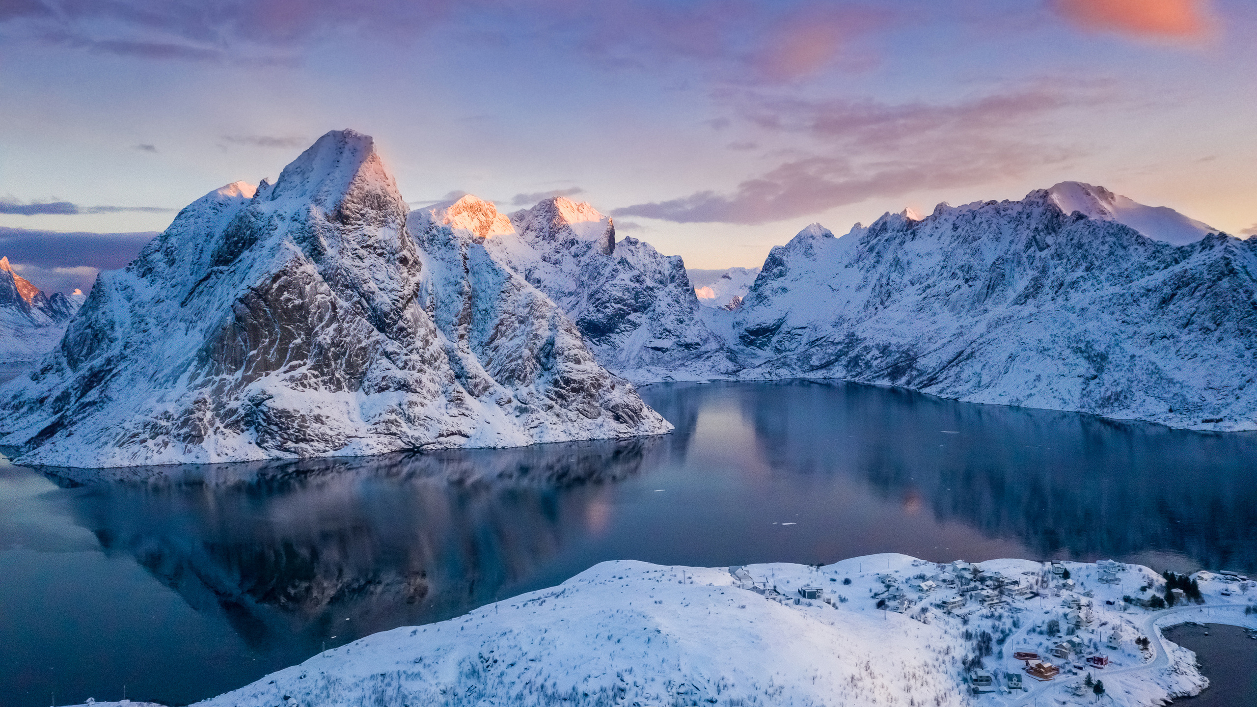 Norway Lofoten Mountains Winter Bay Snow 1440P Resolution HD 4k Wallpaper, Image, Background, Photo and Picture