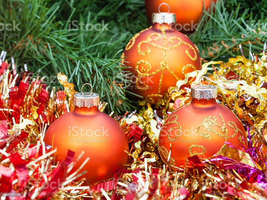 Orange Christmas Balls Red Tinsel On Xmas Tree 3 Image Now