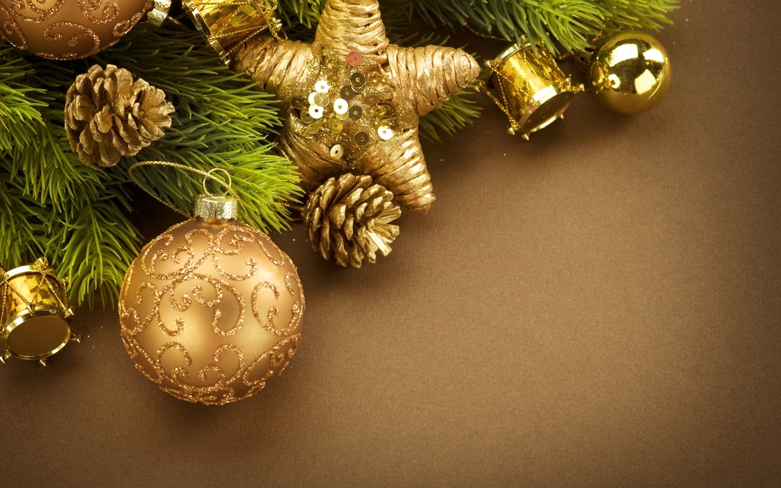 Wallpaper, leaves, Christmas ornaments, New Year, fir, decorations, conifer, cones, tree, decor, 2560x1600 px, christmas decoration, pine family, christmas ornament 2560x1600