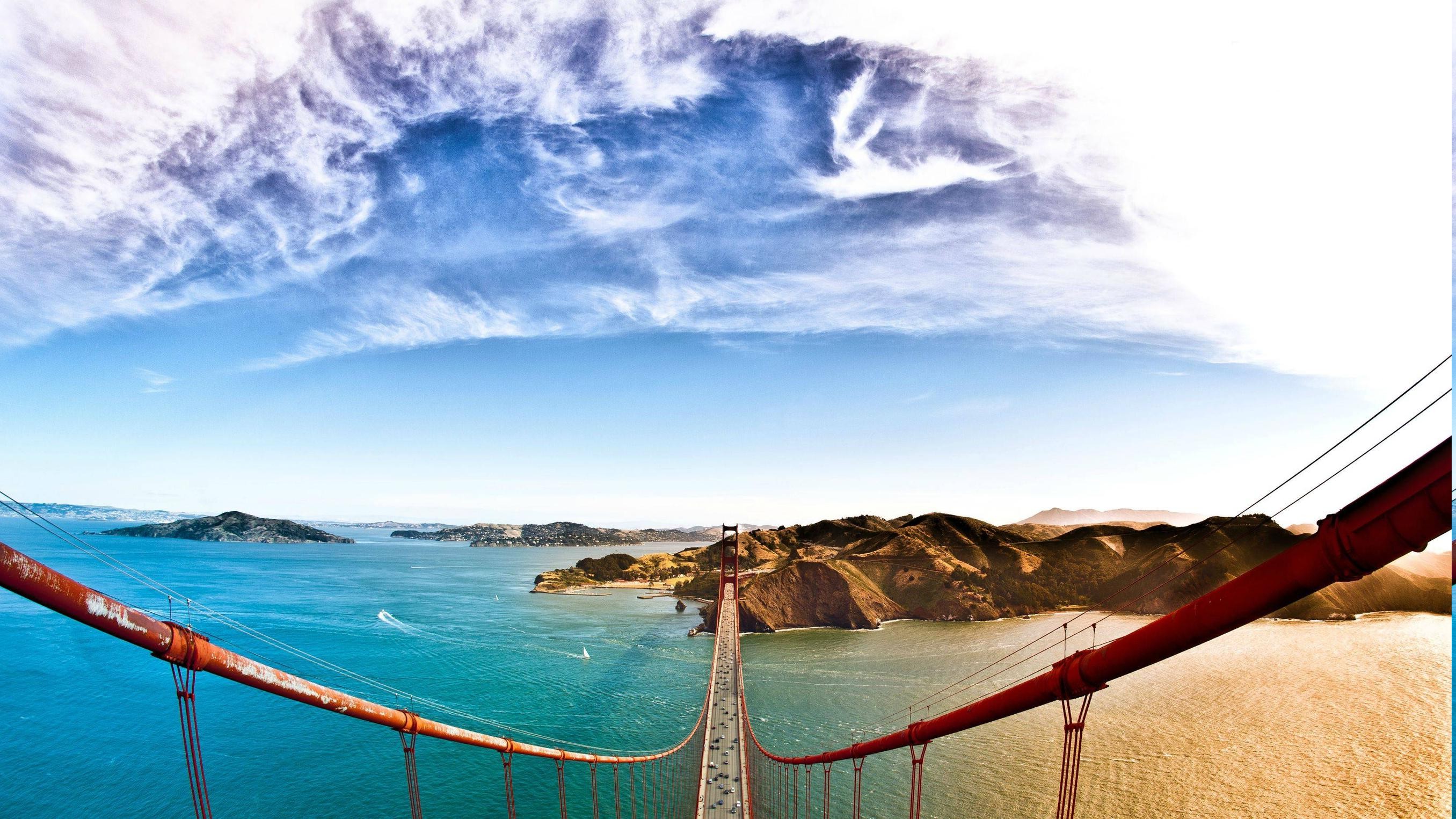 nature, Landscape, Water, Bridge, Hill, Trees, Architecture, Car, Clouds, Golden Gate Bridge, San Francisco Bay, USA, Bird's Eye View, Top View Wallpaper HD / Desktop and Mobile Background