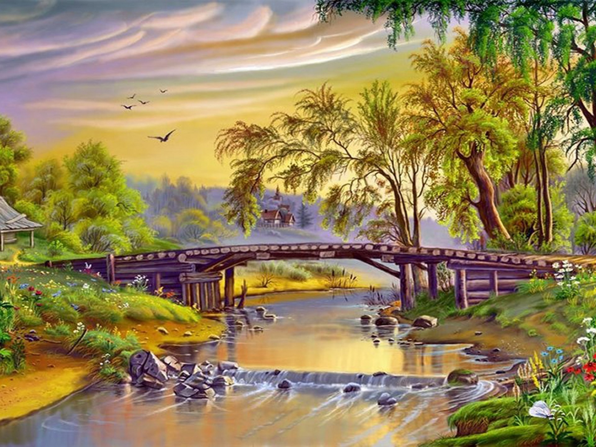 Download Wallpaper Landscape, River, Bridge, Grass With Flowers, Trees, Birds 72060, Wallpaper13.com