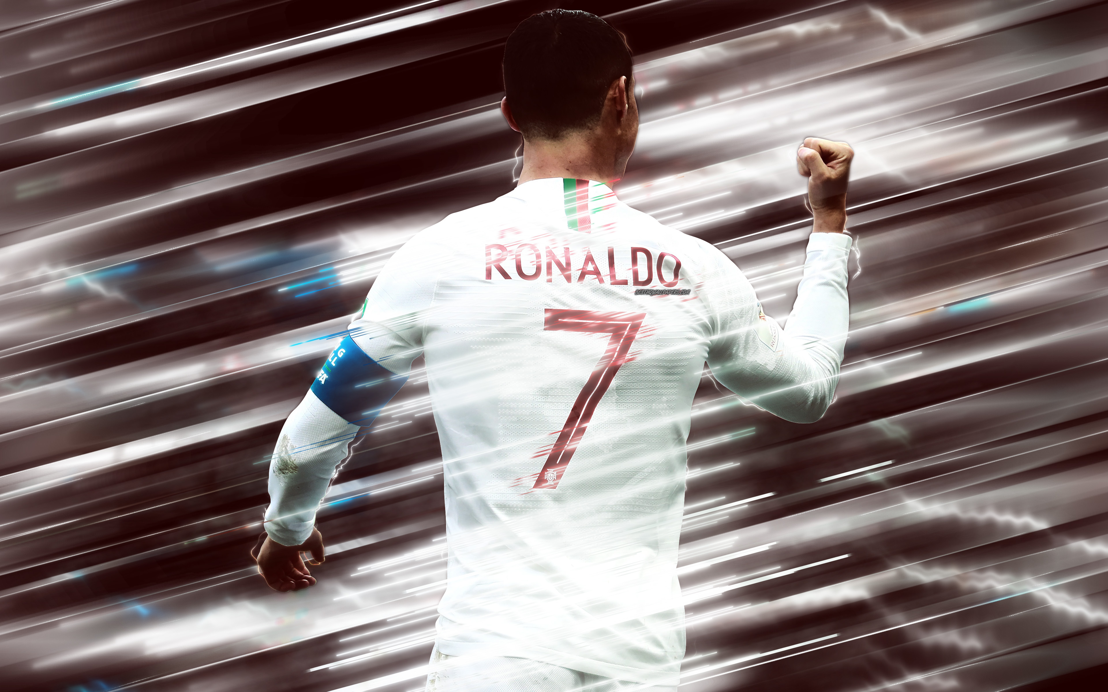 Download wallpaper Cristiano Ronaldo, Portugal national football team, view from the back, football star, 4k, creative art, blades style, Portuguese footballer, Portugal, CR red creative background, football for desktop with resolution 3840x2400