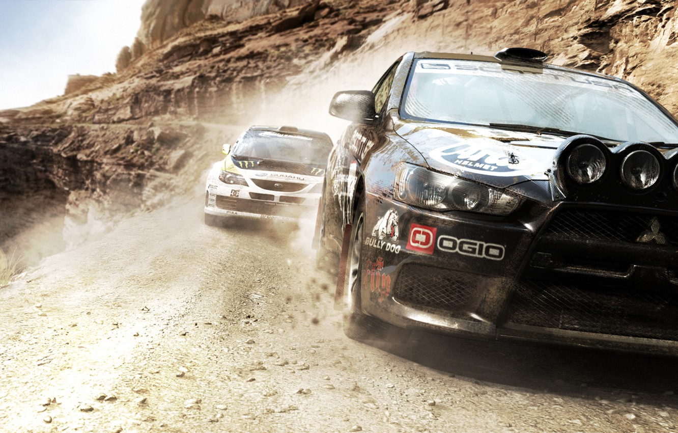 Wallpaper Road, Mountains, Dust, Race, Mitsubishi Lancer Evo X, Subaru Impreza WRX STI, Overtaking, Colin McRae DiRT - for desktop, section игры
