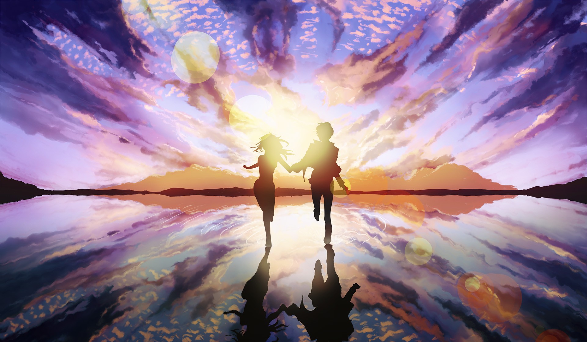#island, #anime, #sunset, #anime girls, #holding hands, wallpaper HD Wallpaper