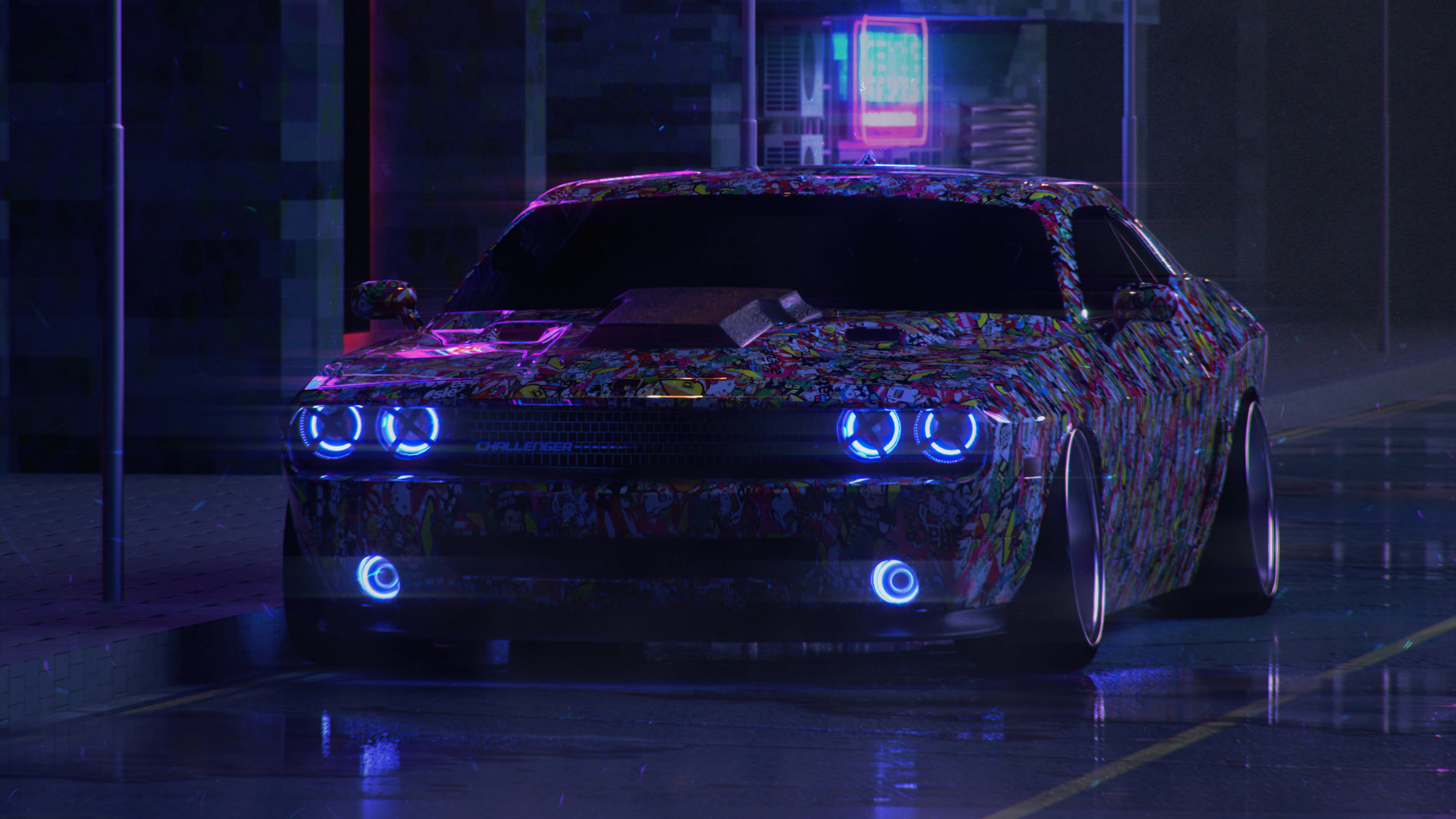Dodge Challenger On Street Neon 5k, HD Cars, 4k Wallpaper, Image, Background, Photo and Picture