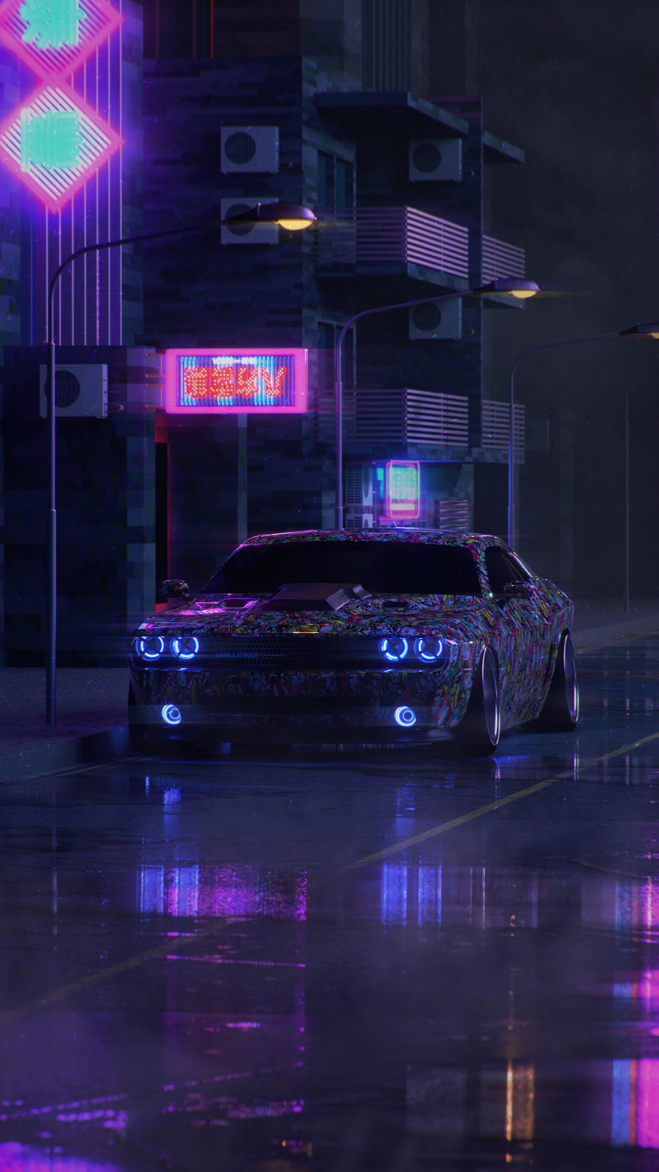 Dodge Challenger On Street Neon 5k Sony Xperia X, XZ, Z5 Premium HD 4k Wallpaper, Image, Background, Photo and Picture