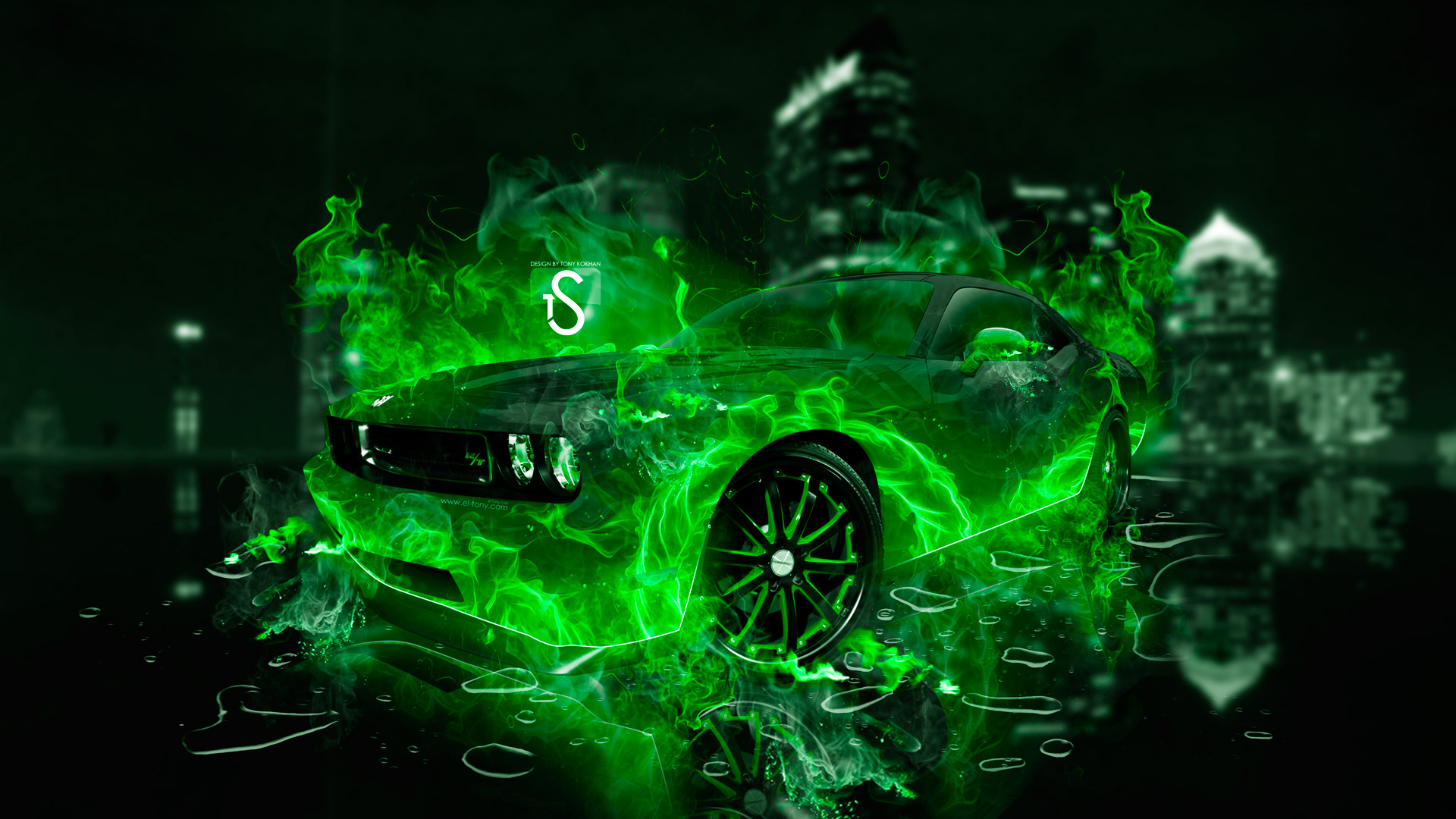 Неоново зелёная машина на чёрном фоне