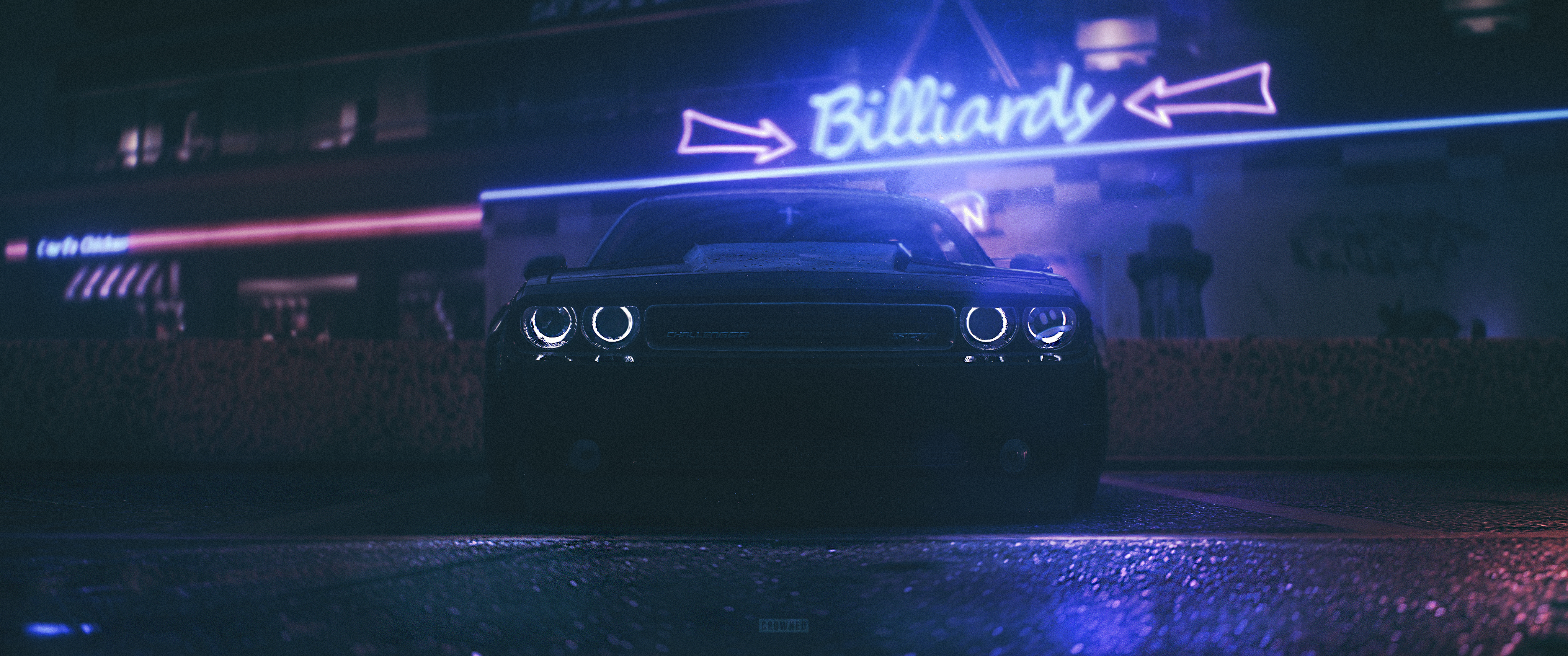 Synthwave Vaporwave Dodge Challenger Neon Halo Headlights Wallpaper:4096x1714